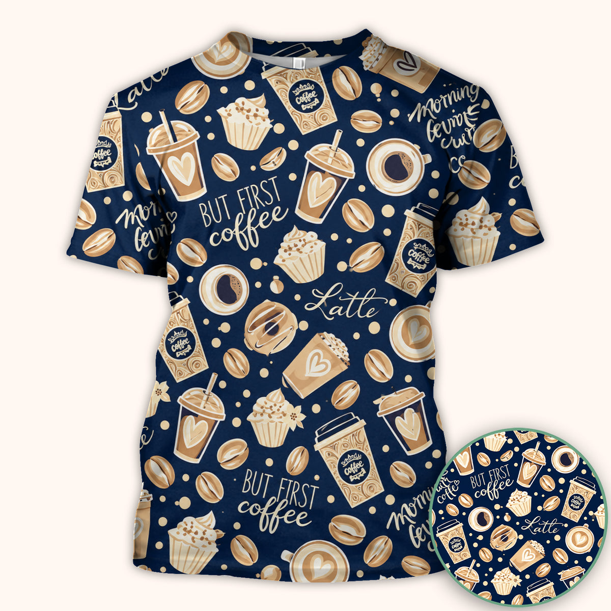 But First Coffee Latte & Coffee Beans Pattern Scrub Top, Comfortable Scrubs for Nurses