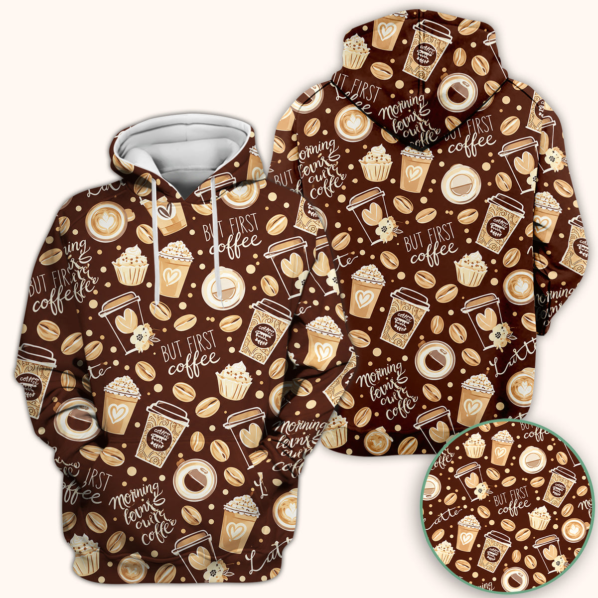 But First Coffee Latte & Coffee Beans Pattern Scrub Top, Comfortable Scrubs for Nurses