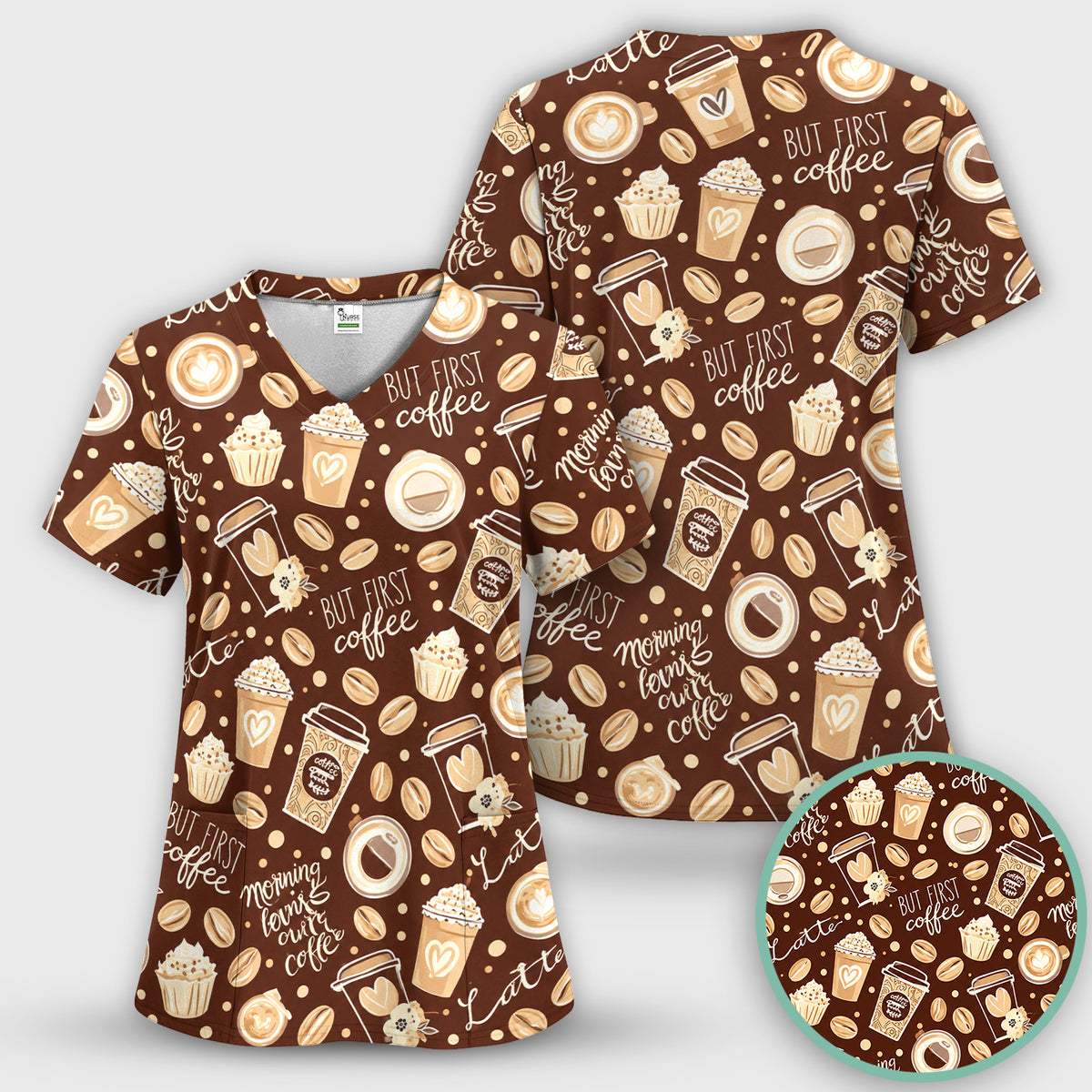 But First Coffee Latte & Coffee Beans Pattern Scrub Top, Comfortable Scrubs for Nurses