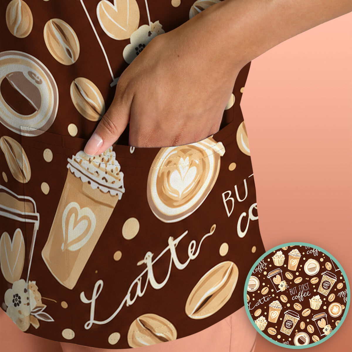 But First Coffee Latte & Coffee Beans Pattern Scrub Top, Comfortable Scrubs for Nurses