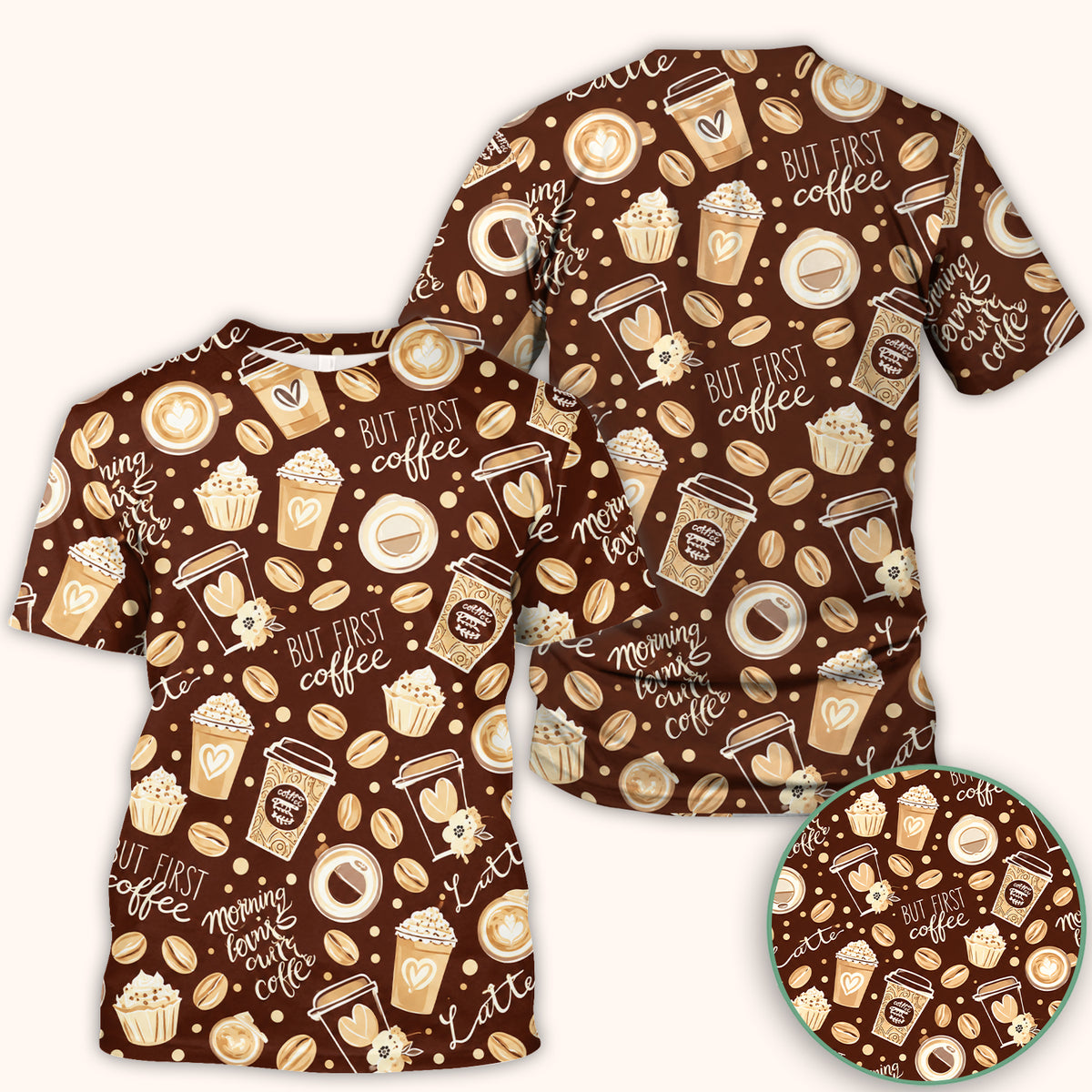 But First Coffee Latte & Coffee Beans Pattern Scrub Top, Comfortable Scrubs for Nurses