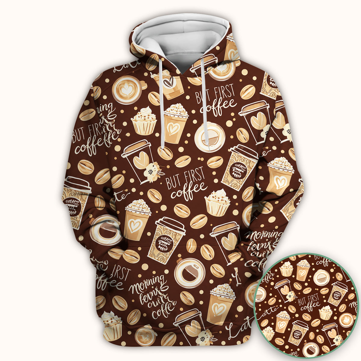 But First Coffee Latte & Coffee Beans Pattern Scrub Top, Comfortable Scrubs for Nurses