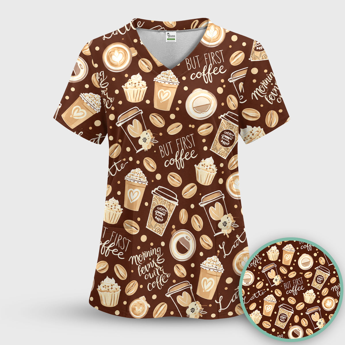But First Coffee Latte & Coffee Beans Pattern Scrub Top, Comfortable Scrubs for Nurses
