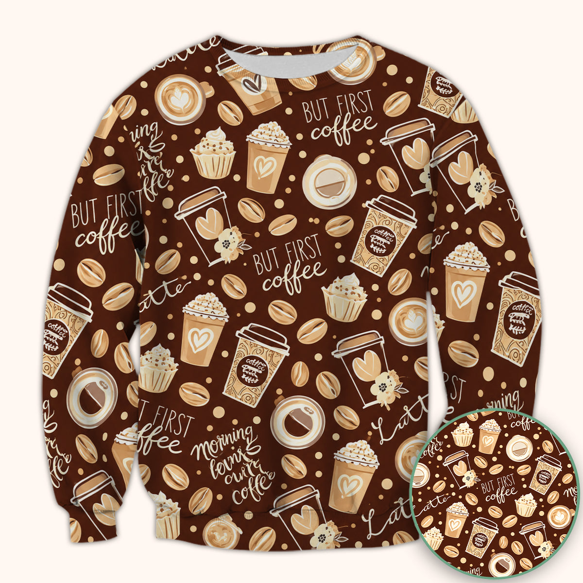 But First Coffee Latte & Coffee Beans Pattern Scrub Top, Comfortable Scrubs for Nurses