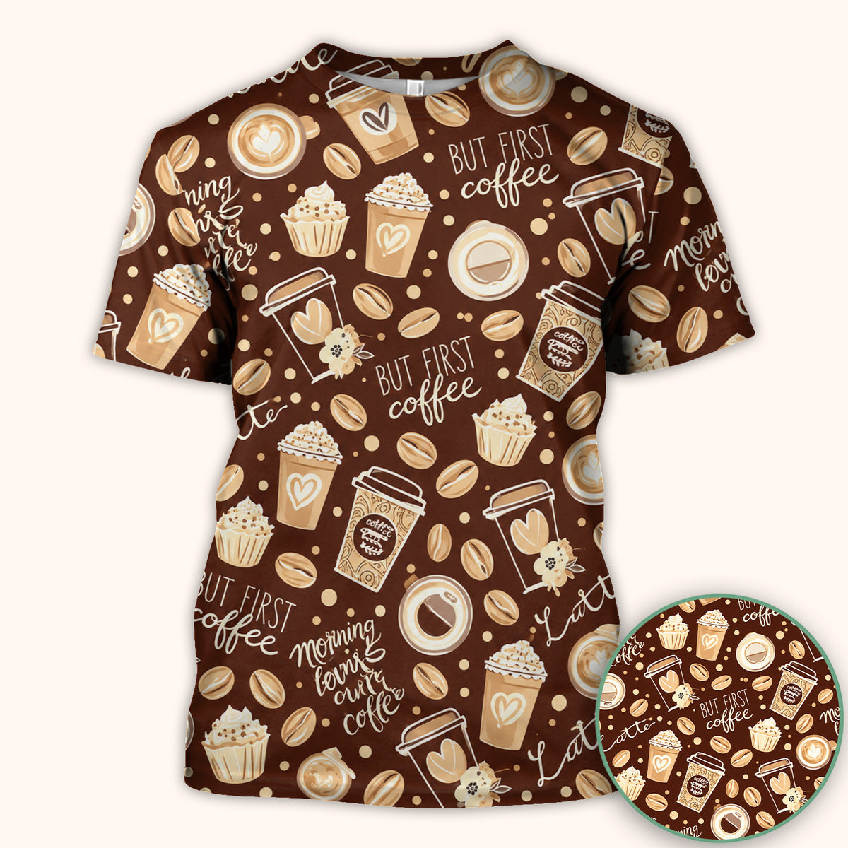 But First Coffee Latte & Coffee Beans Pattern Scrub Top, Comfortable Scrubs for Nurses
