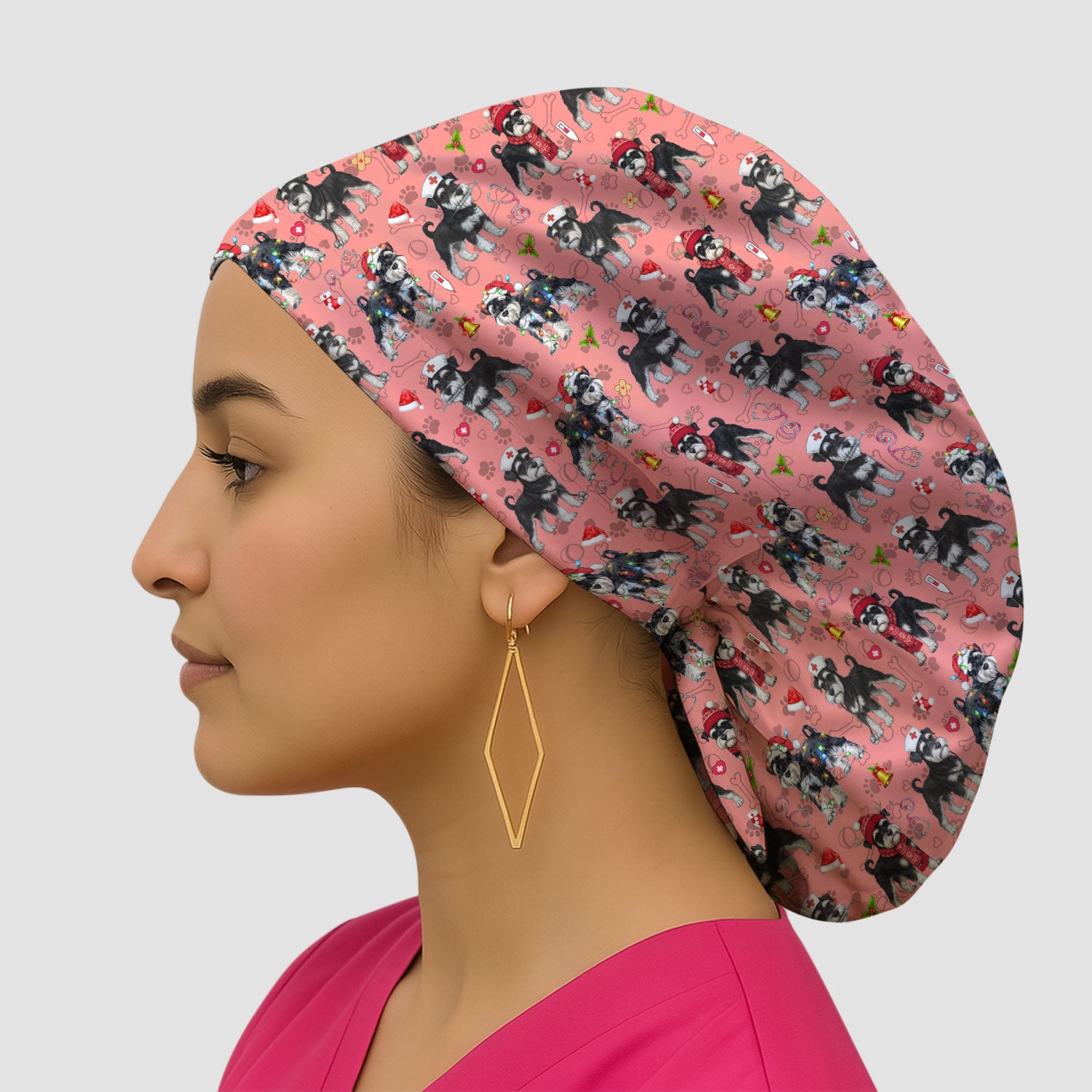 Christmas Schnauzer Bouffant Scrub Caps for Women - Cute Dog Holiday Gift - Breathable Fabrics Caps Uniform