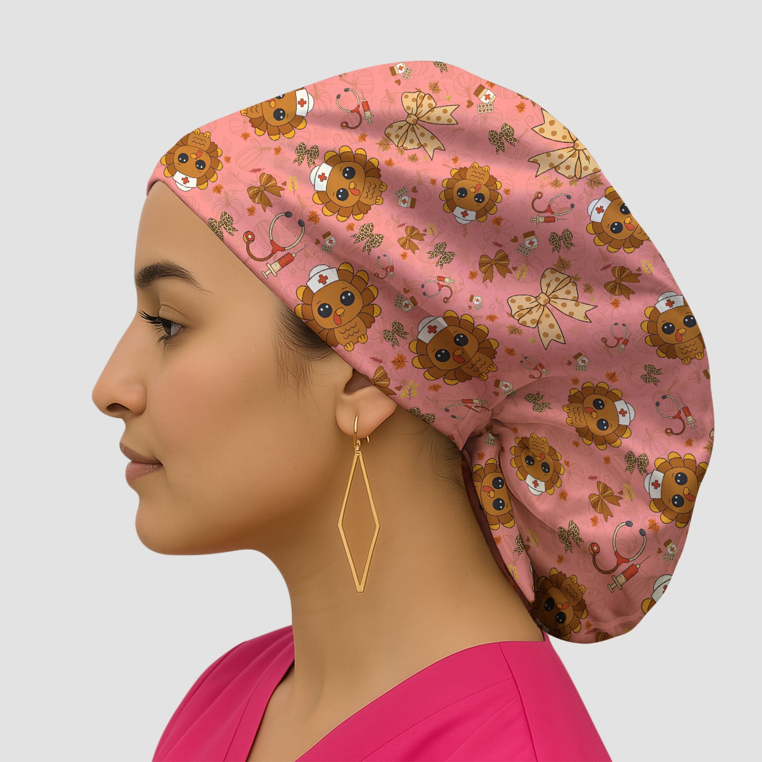 Thanksgiving Bouffant Scrub Caps for Women - Fall Leaves and Bow Holiday Nursing Gift - Breathable Fabrics Caps Uniform
