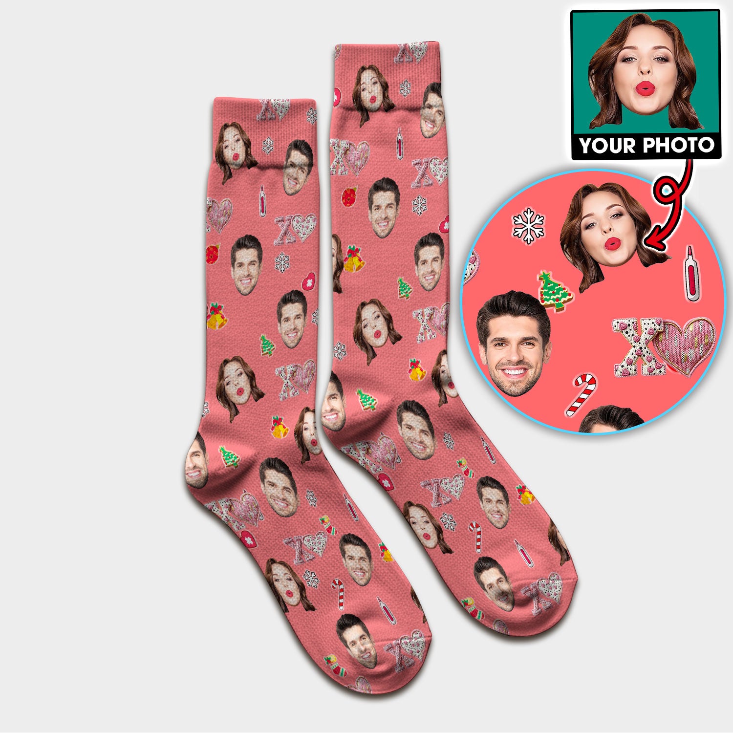 Custom Face Pattern XOXO Scrub Sock, Personalized Photo Scrub Socks, Breathable Fabrics Nursing Uniform