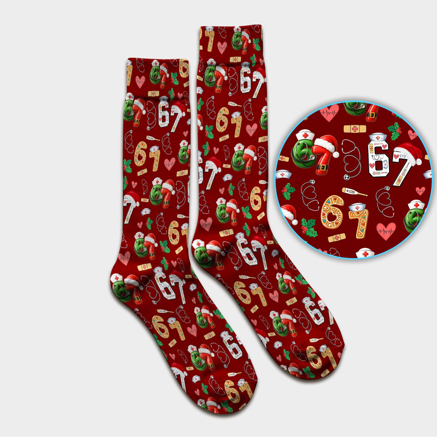 Christmas Nurse 67 Pattern Scrub Socks, Cute Holiday Medical Sock With Santa Hat, Uniform For Nursing