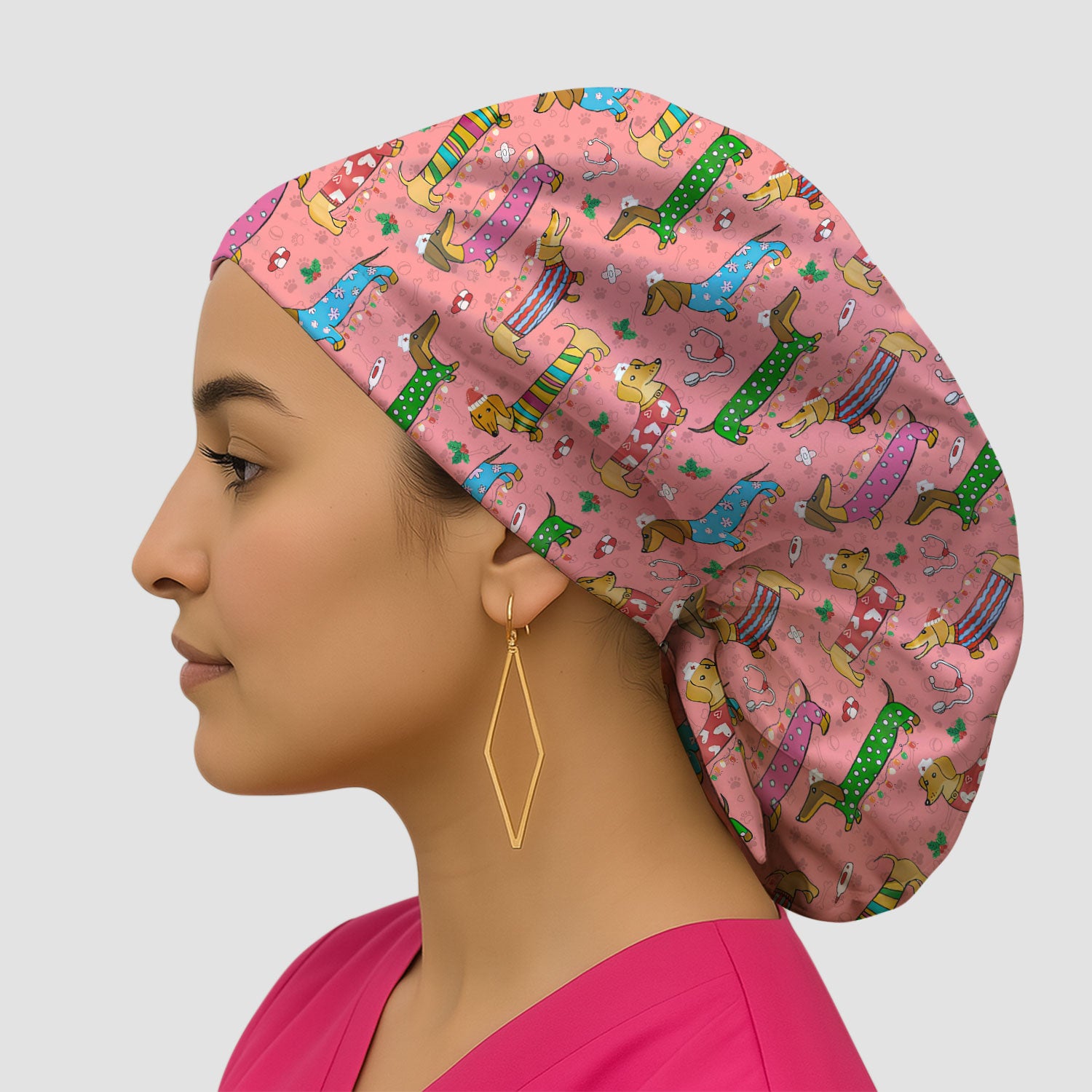 Funny Dachshund Bouffant Scrub Caps for Women - Cute Wiener Dog Holiday Nursing Gift - Puppy Lover Gift