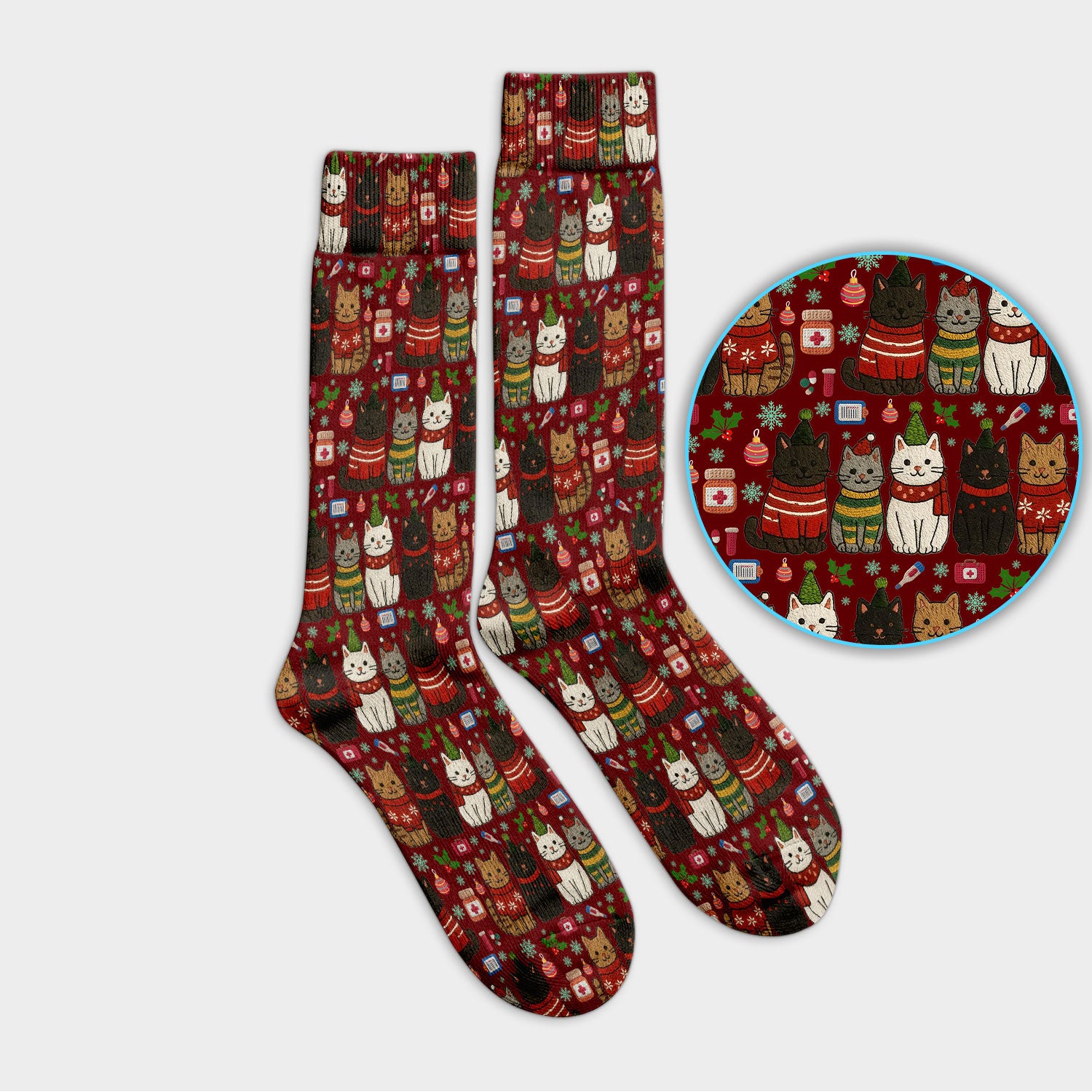 Christmas Cat Nurse Socks, Funny Holiday Medical Socks, Cute RN Gift For Nurses, Cat Lover Xmas Socks