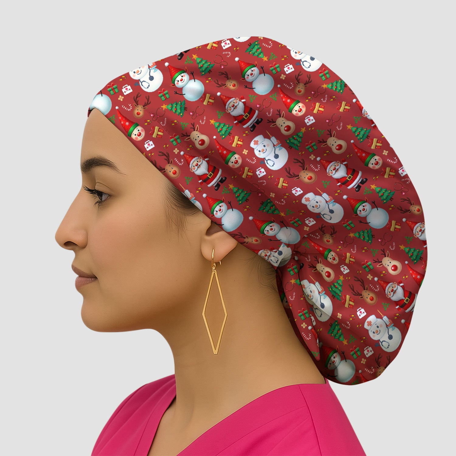 Christmas Bouffant Scrub Caps for Women - Cute Snowman Reindeer Santa Surgical Caps for Doctors - Breathable Fabrics Caps Uniform