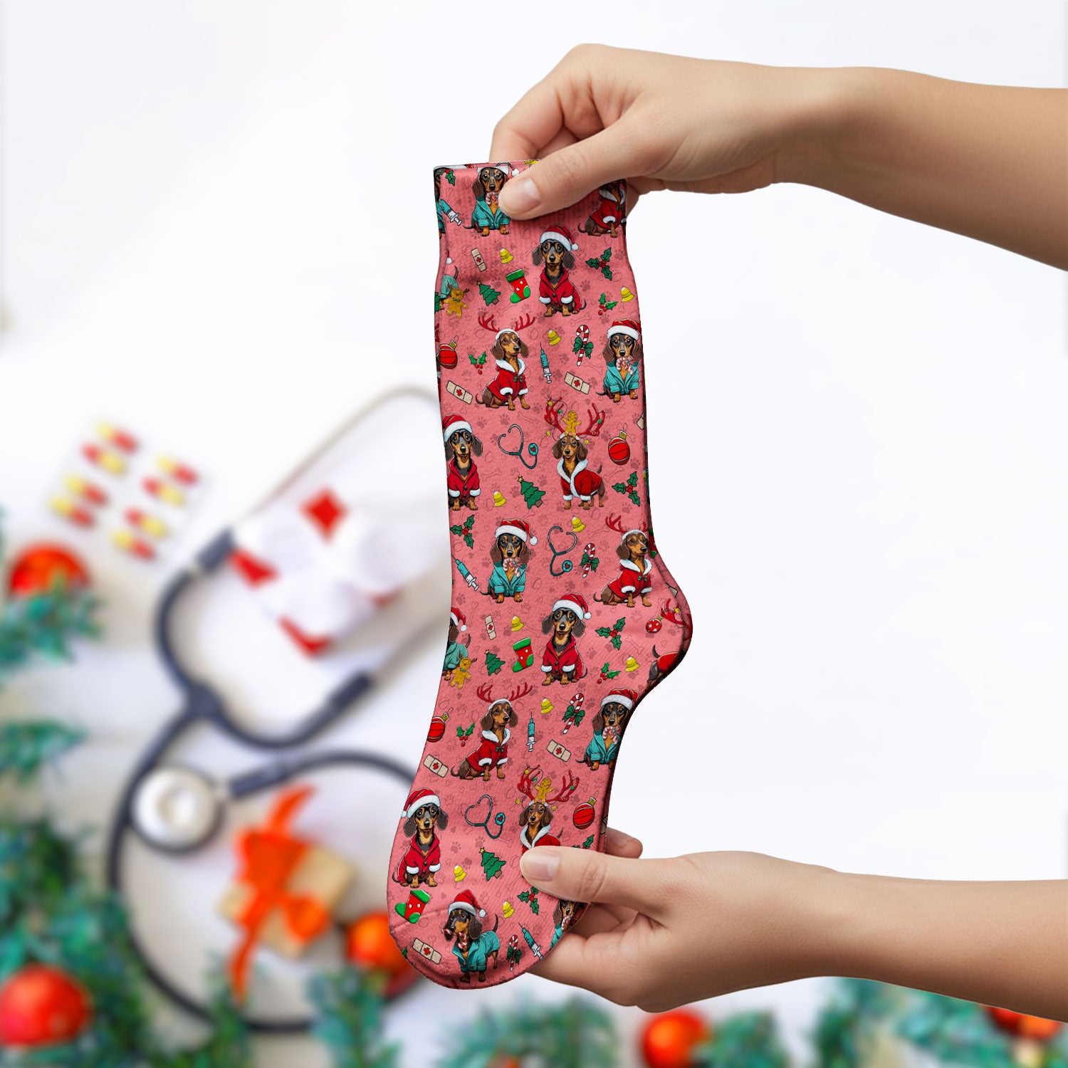 Christmas Dachshund Socks for Nurse Doctor - Cute Sausage Dog Funny Reindeer & Santa Adult Socks for Men and Women