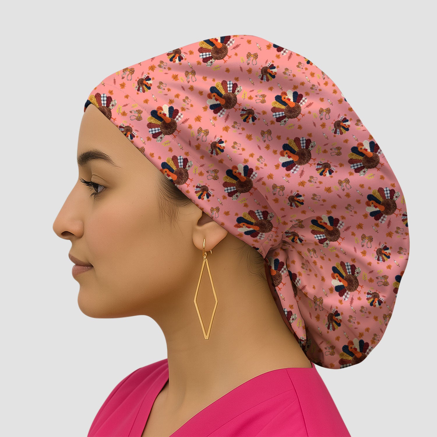 Thanksgiving Bouffant Scrub Caps for Women - Funny Autumn Turkey Surgical Caps for Doctors - Breathable Fabrics Caps Uniform