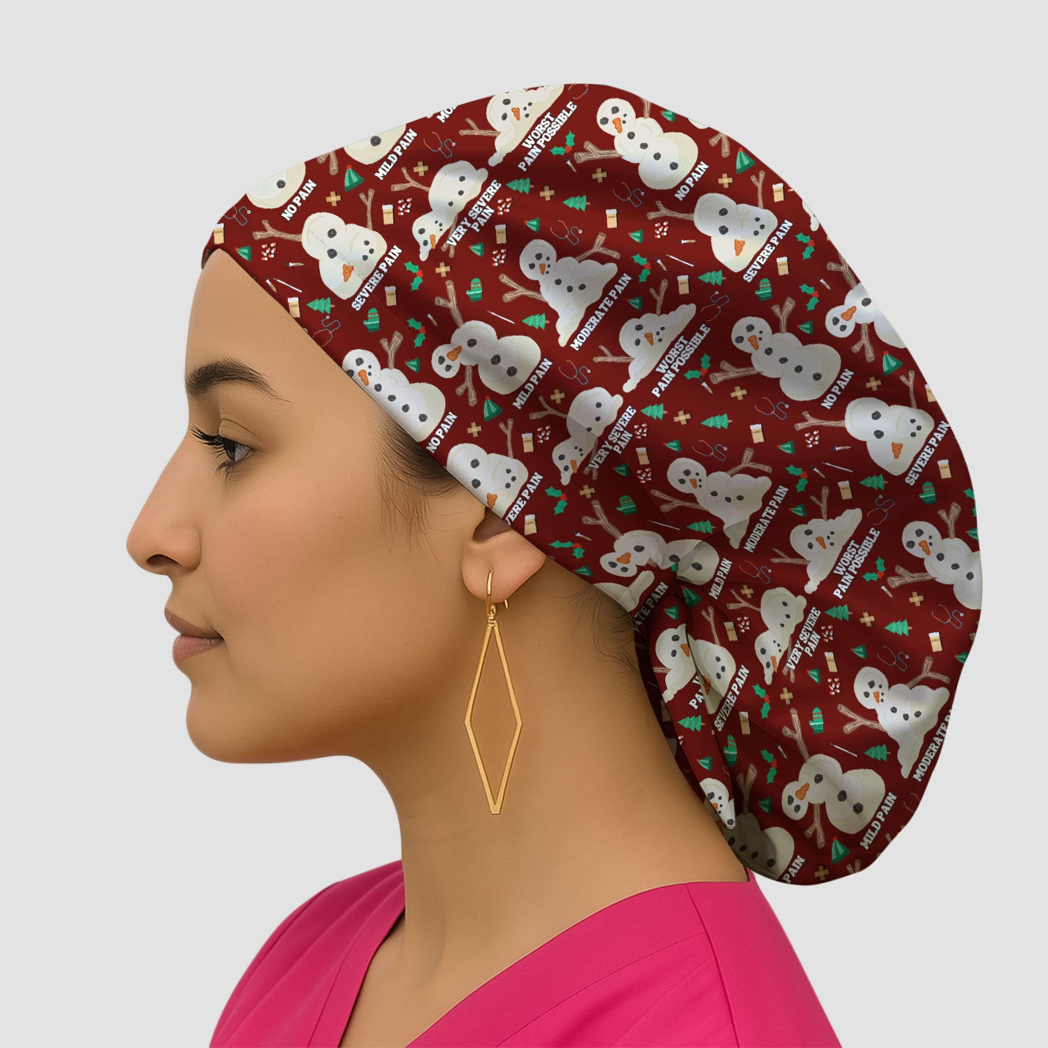 Funny Snowman Pain Scale Bouffant Scrub Caps for Women - Christmas Holiday Nursing Gift