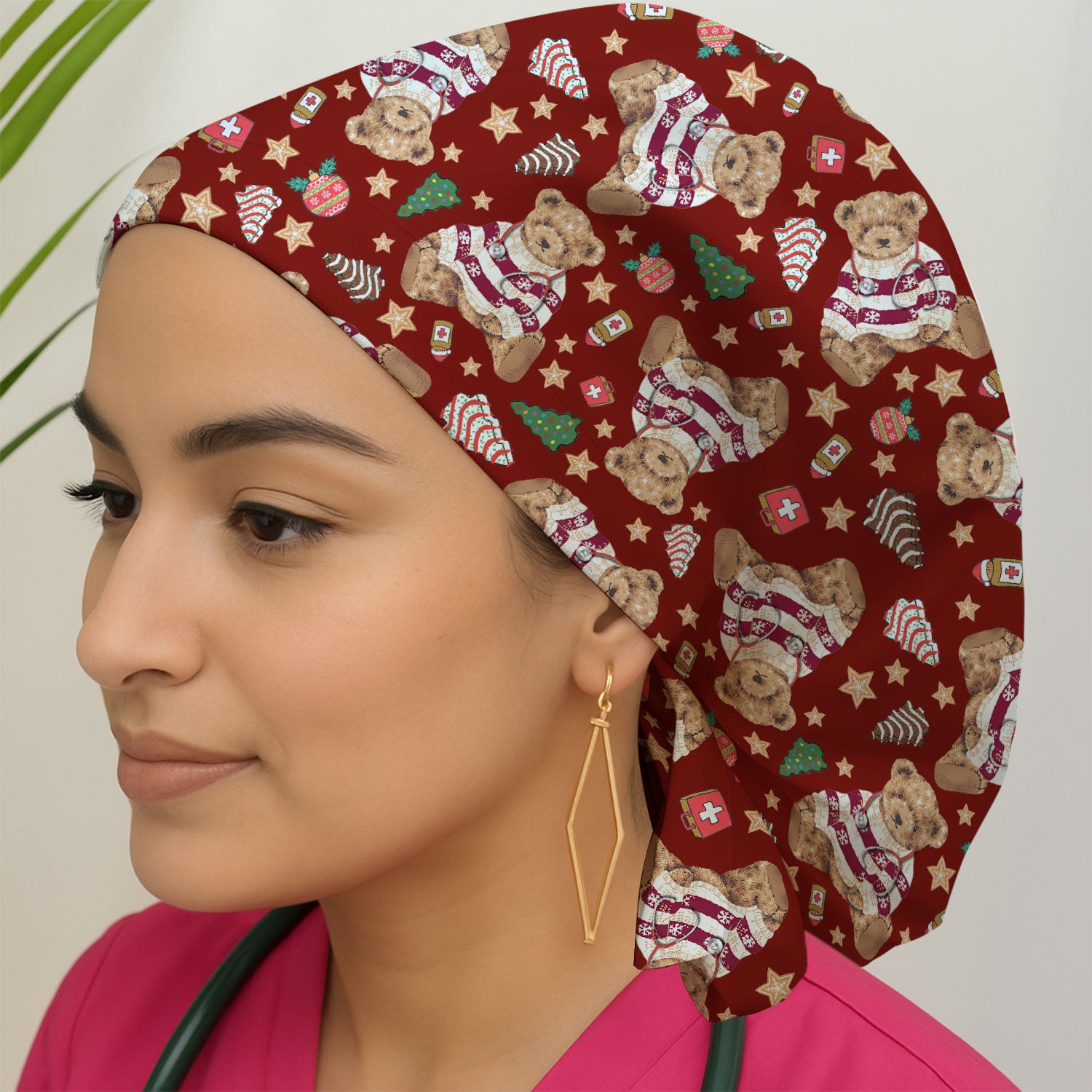 Teddy Bear Christmas Bouffant Scrub Caps for Women - Festive Holiday Nursing Gift - Breathable Fabrics Caps Uniform