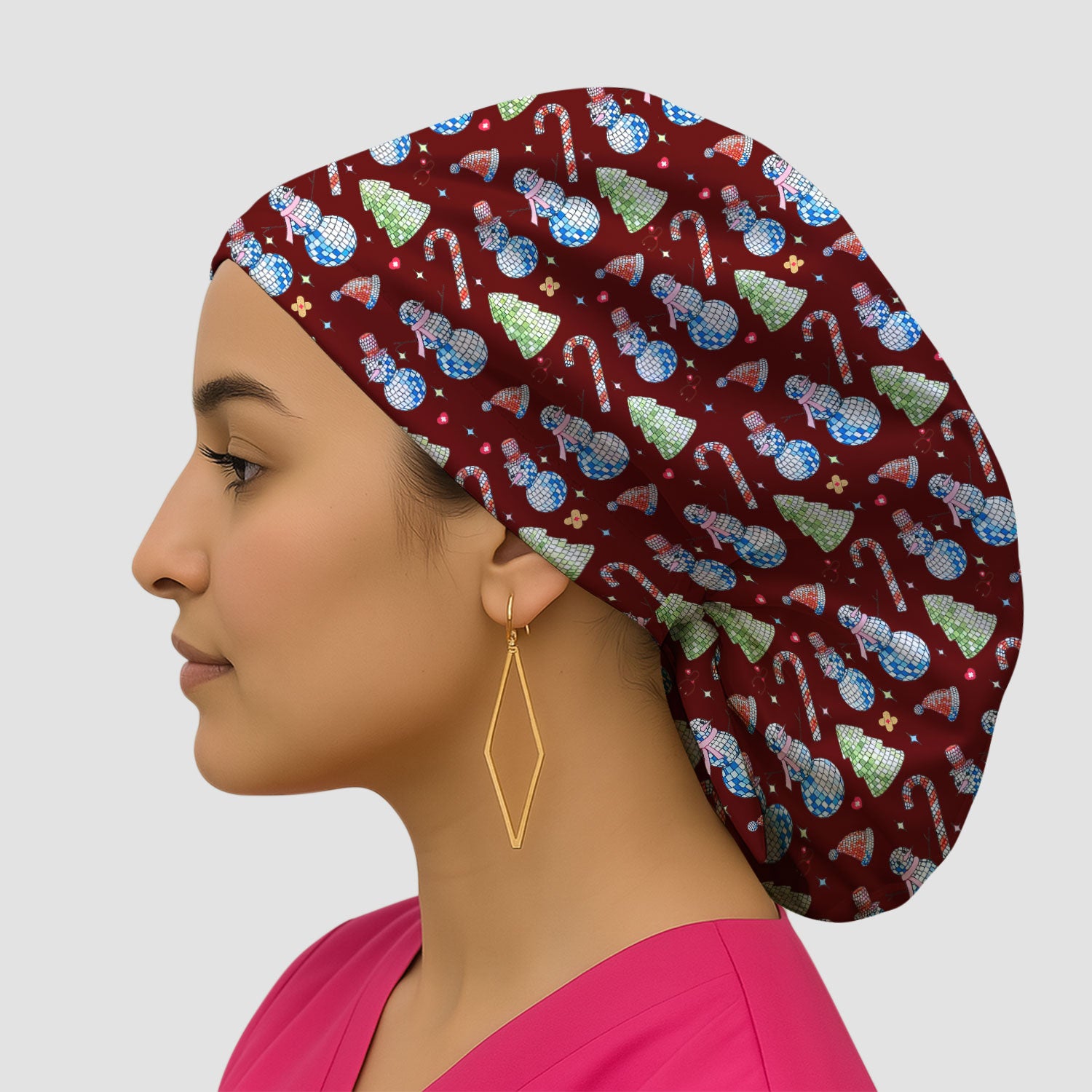 Funny Christmas Snowman Bouffant Scrub Caps for Women - Surgical Caps for Doctors - Breathable Fabrics Caps Uniform - Xmas Gift for RN LPN CNA
