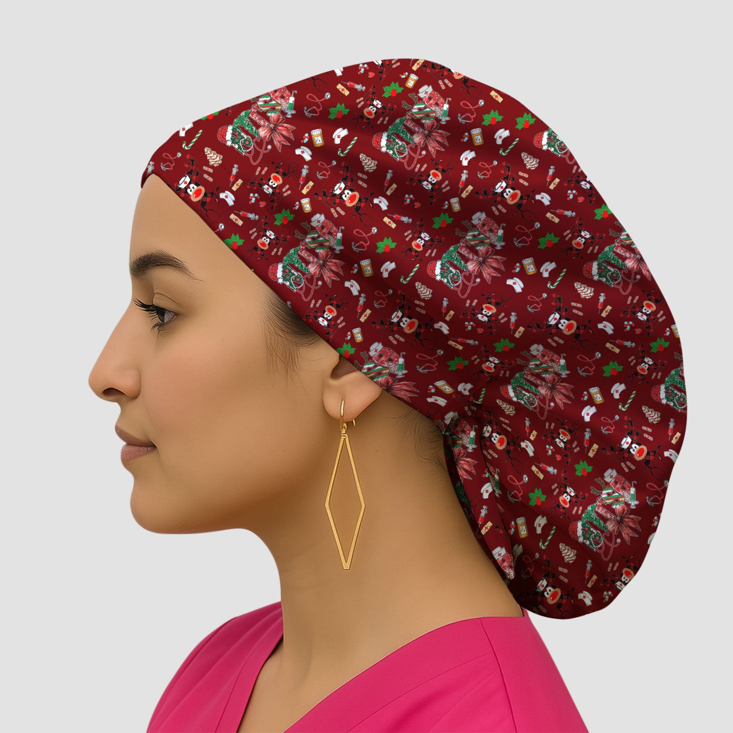 Whimsical Reindeer Christmas Scrub Cap – Festive Holiday Reindeer Pattern – Cute Medical Uniform for Nurses, Vets and Healthcare Workers