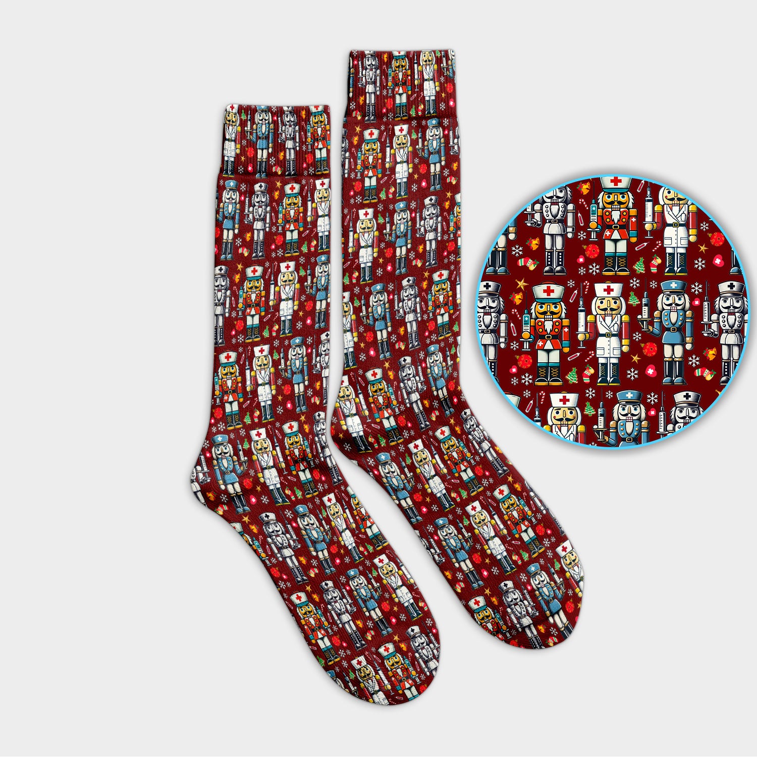 Funny Nutcracker Christmas Socks – Cute Holiday Nurse Pattern Sock – Festive Medical Uniform for RN, LPN, CNA, and Healthcare Workers