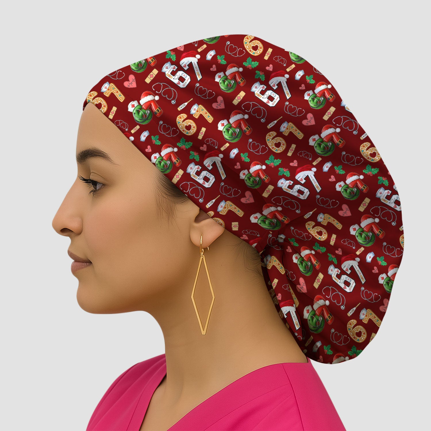 Christmas Nurse 67 Pattern Scrub Cap, Cute Holiday Medical Hat With Santa Hat, Uniform For Nursing