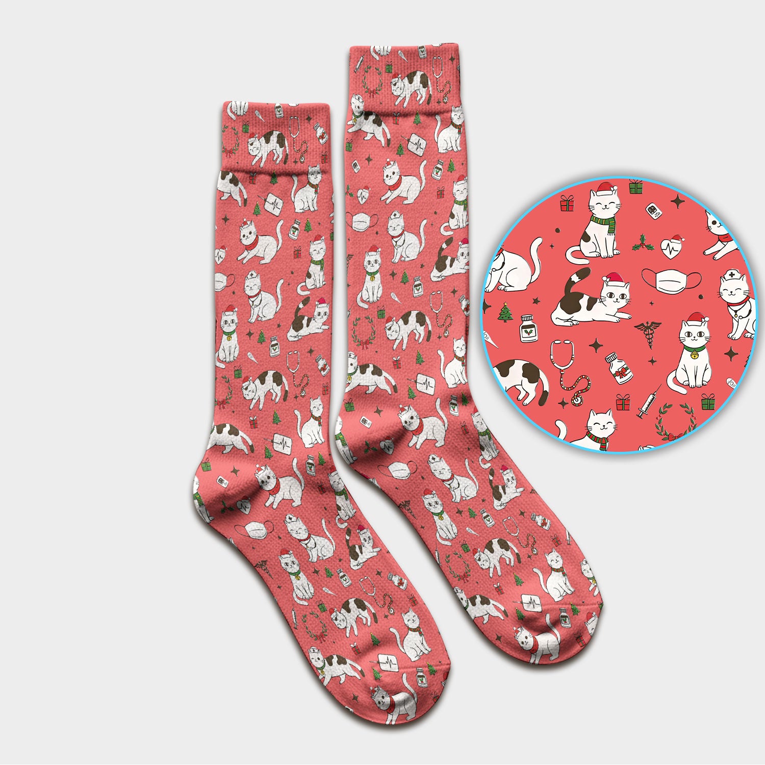 Christmas Cat Scrub Socks – Festive Nurse & Holiday Kitty Pattern – Cute Medical Uniform for Nurses, Vets and Healthcare Workers