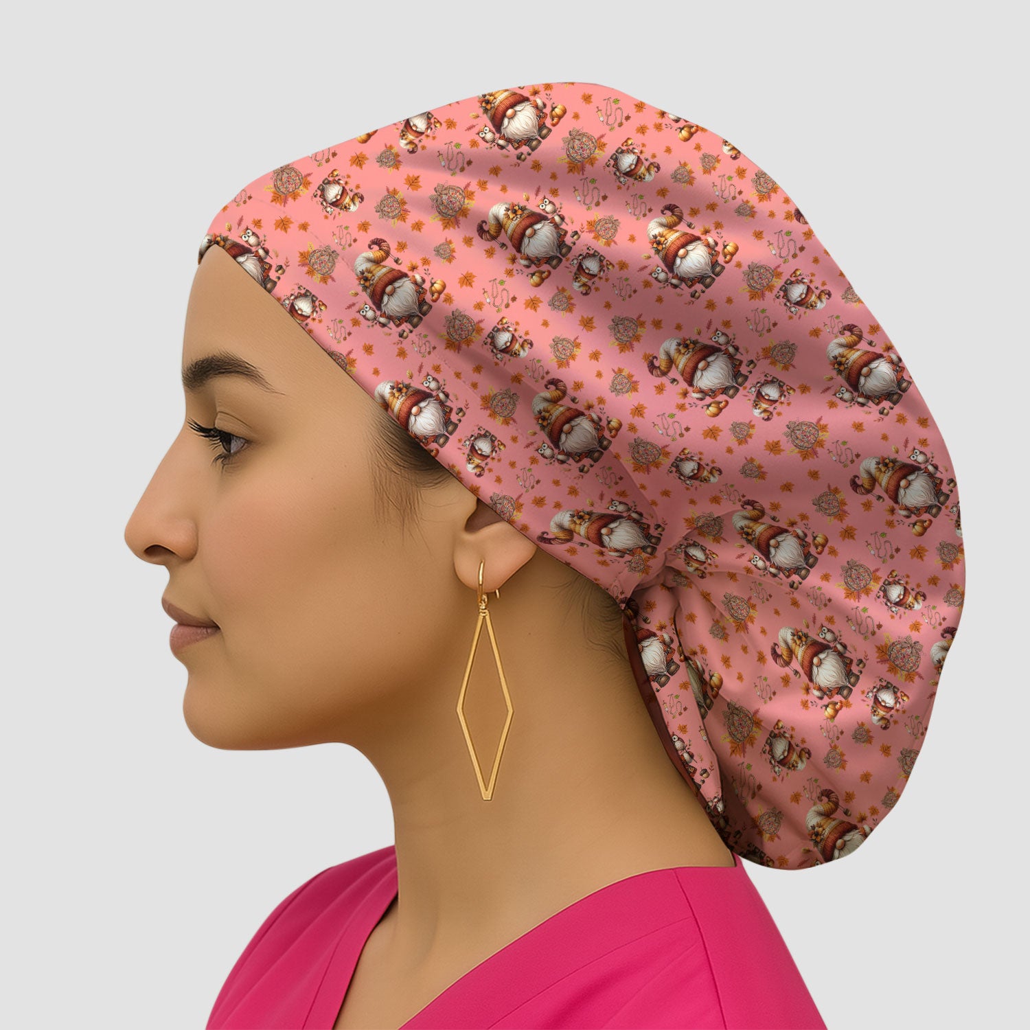 Autumn Leaves Pumpkin Bouffant Scrub Caps for Women - Thanksgiving Surgical Caps for Doctors - Gnome Lover Gift for Her