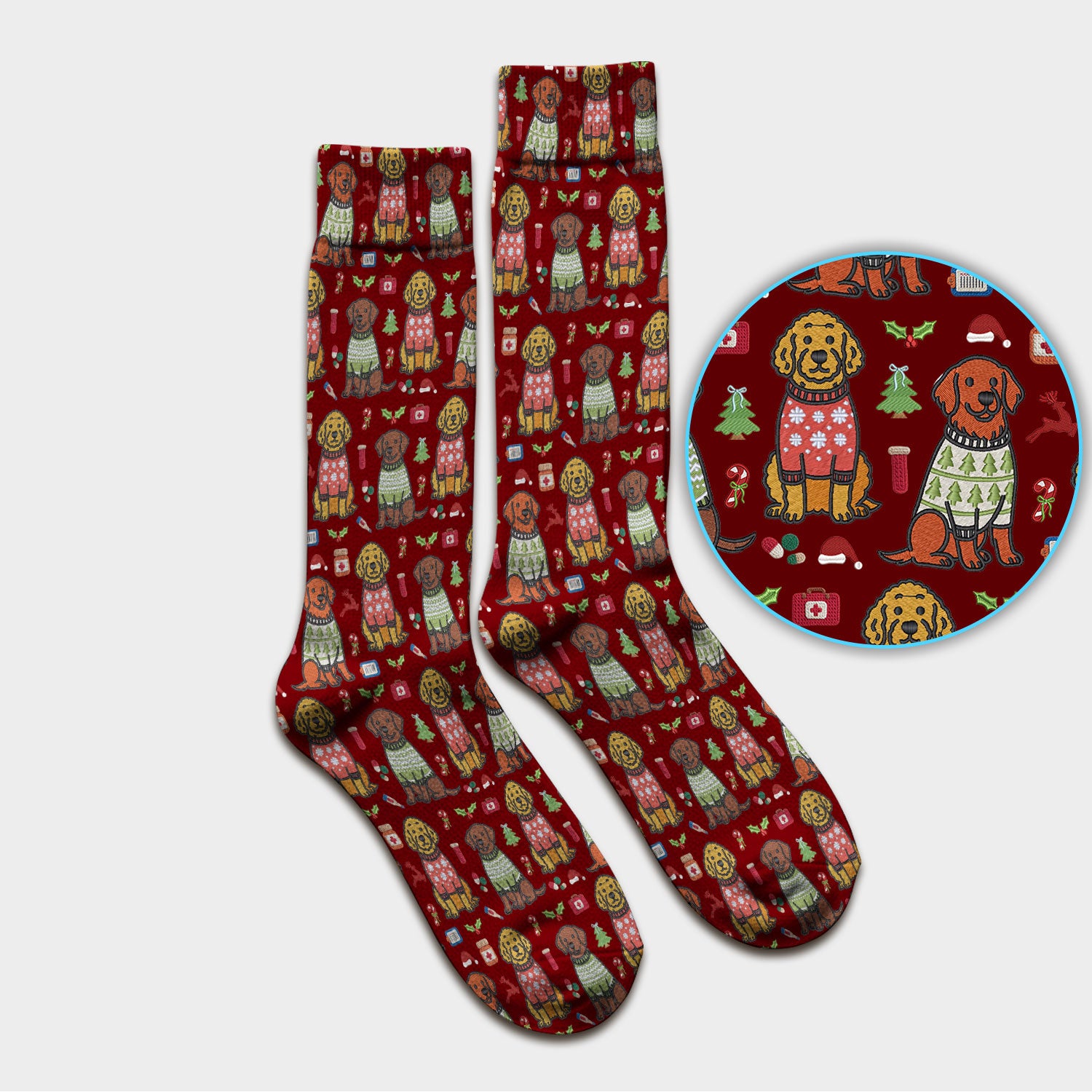 Golden Retriever Christmas Scrub Socks, Cute Holiday Dog Nurse Pattern Sock, Breathable Fabrics Nursing Uniform