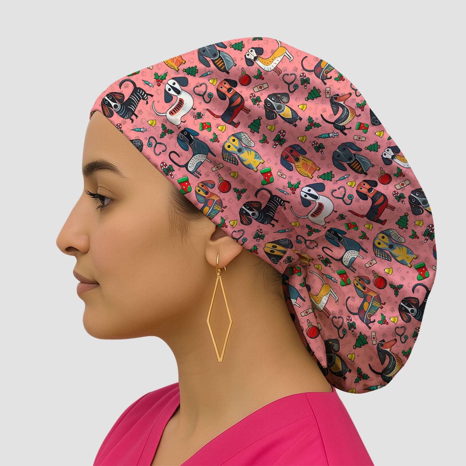 Christmas Wiener Dog Bouffant Scrub Caps for Women - Dachshund Holiday Nursing Gift - Breathable Fabrics Caps Uniform