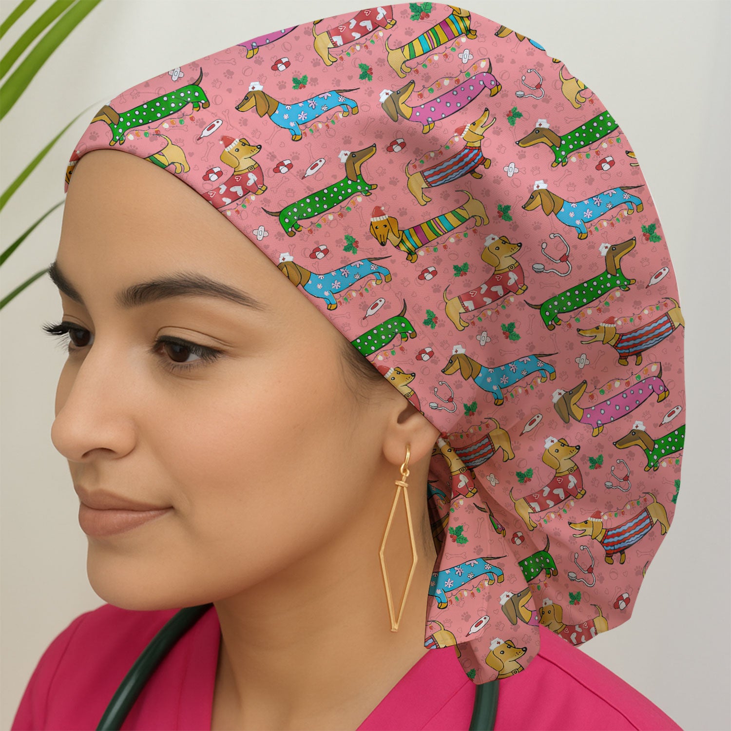 Funny Dachshund Bouffant Scrub Caps for Women - Cute Wiener Dog Holiday Nursing Gift - Puppy Lover Gift