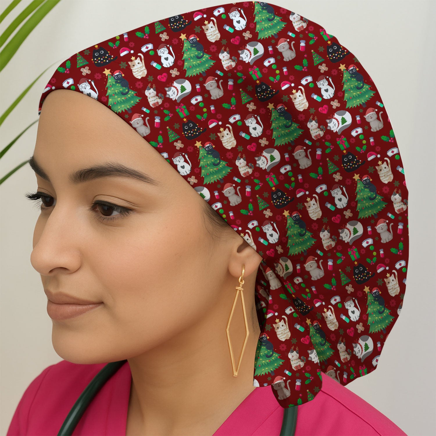 Christmas Cat Scrub Hat, Xmas Pet Pattern Scrub Cap, Breathable Fabrics Nursing Uniform