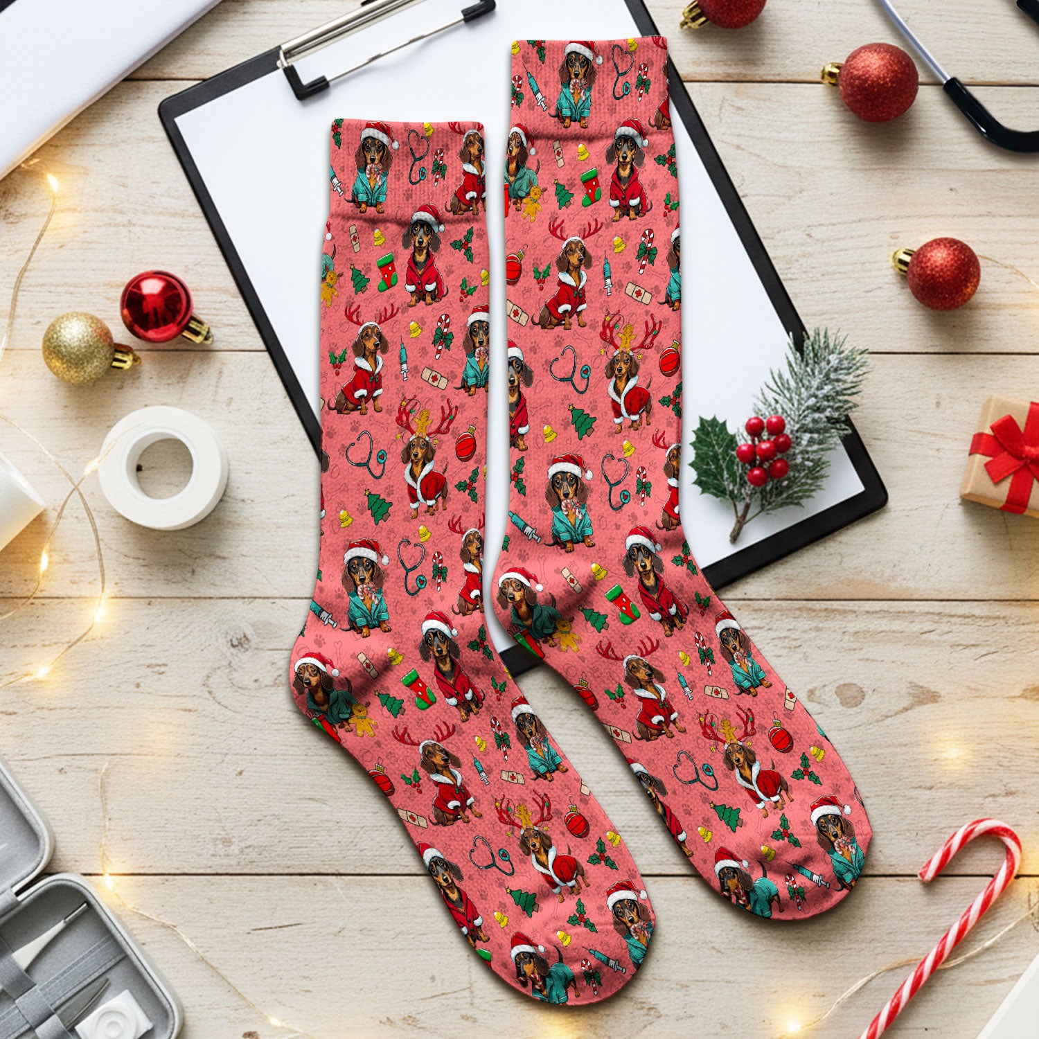 Christmas Dachshund Socks for Nurse Doctor - Cute Sausage Dog Funny Reindeer & Santa Adult Socks for Men and Women