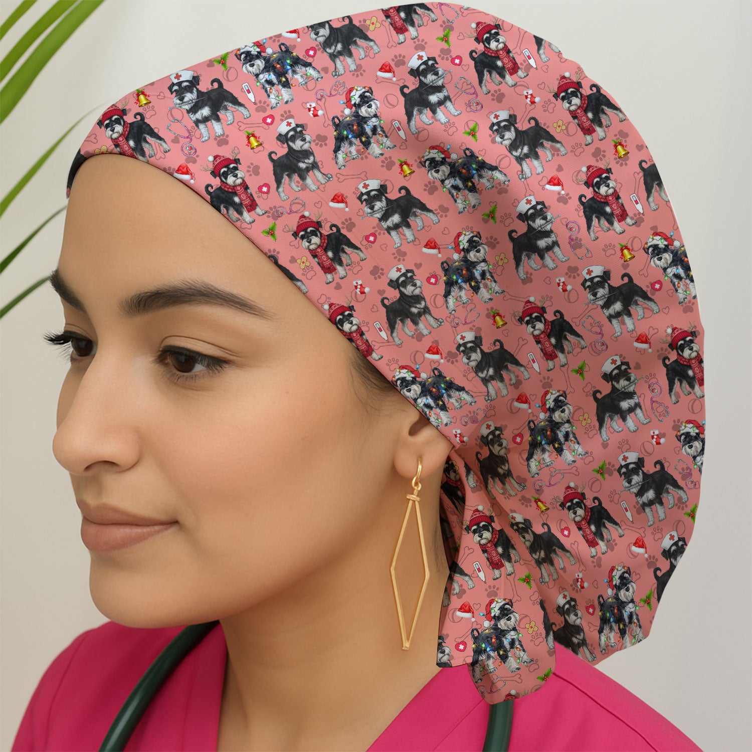Christmas Schnauzer Bouffant Scrub Caps for Women - Cute Dog Holiday Gift - Breathable Fabrics Caps Uniform
