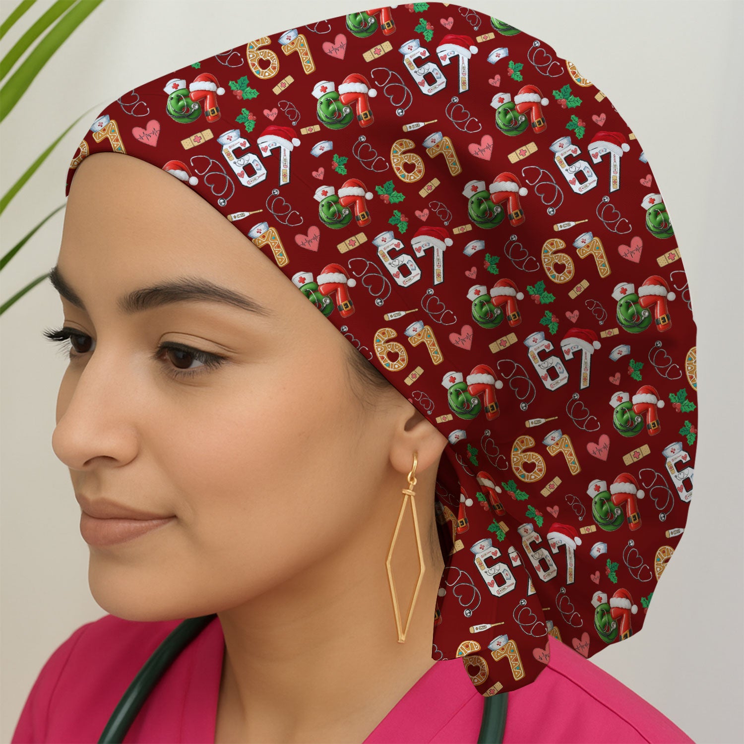 Christmas Nurse 67 Pattern Scrub Cap, Cute Holiday Medical Hat With Santa Hat, Uniform For Nursing