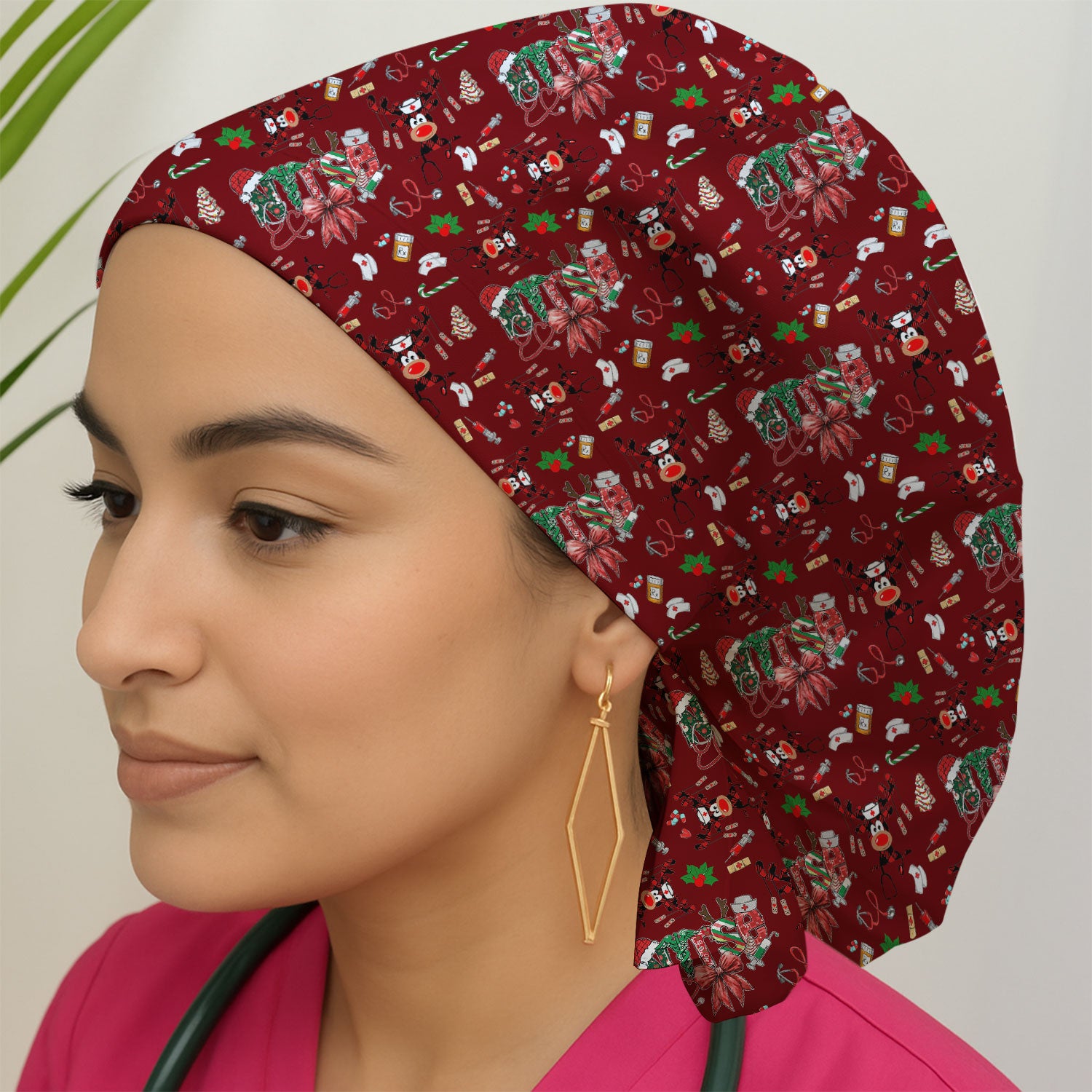Whimsical Reindeer Christmas Scrub Cap – Festive Holiday Reindeer Pattern – Cute Medical Uniform for Nurses, Vets and Healthcare Workers