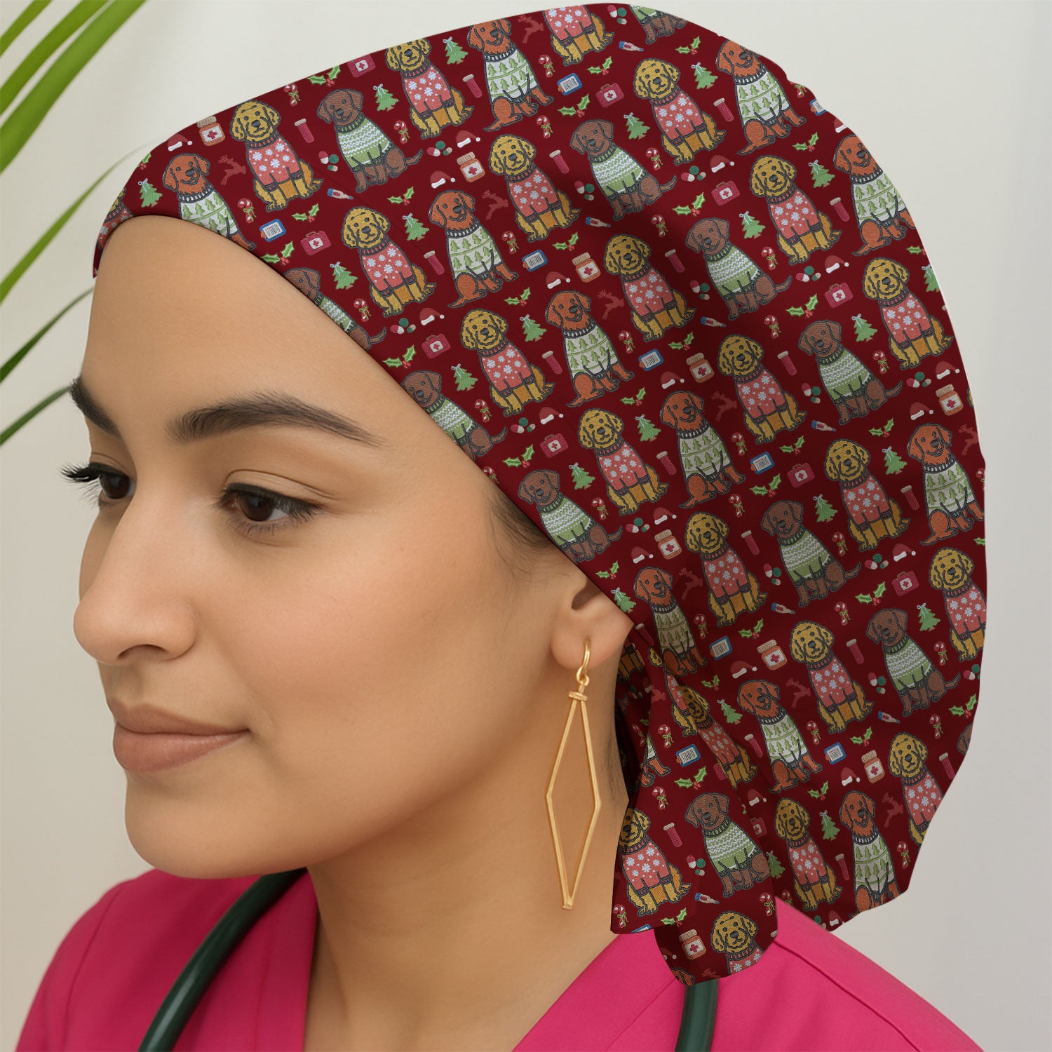 Golden Retriever Christmas Scrub Cap, Cute Holiday Dog Nurse Pattern Hat, Breathable Fabrics Nursing Uniform