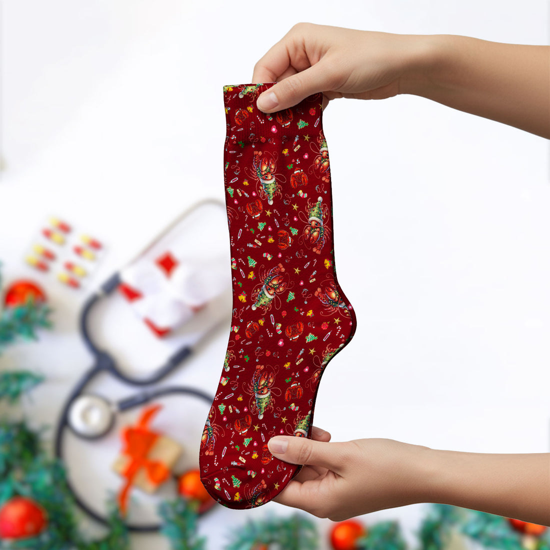 Whimsical Crawfish Christmas Scrub Socks – Southern Christmas Cajun Holiday Crawfish Pattern – Cute Medical Uniform for Nurses, Vets And Healthcare Workers