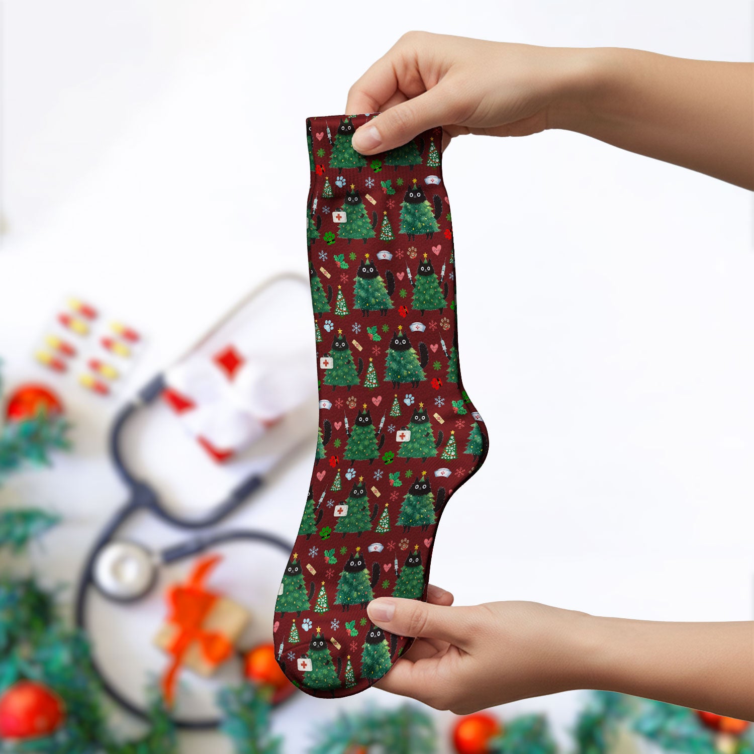 Christmas Nurse Scrub Socks, Xmas Black Cat Pattern Nurse Sock,  Breathable Fabrics Nursing Uniform