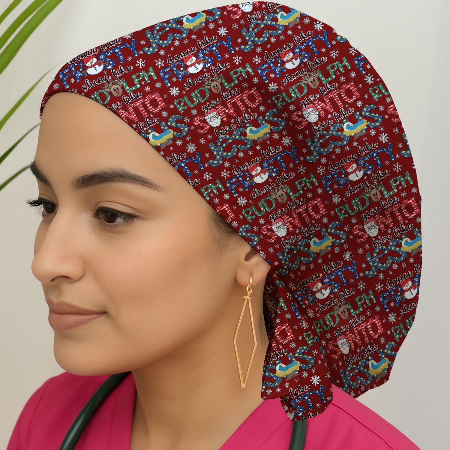 Funny Rudolph Bouffant Scrub Caps for Women - Christmas Santa Surgical Caps for Doctors - Breathable Fabrics Caps Uniform