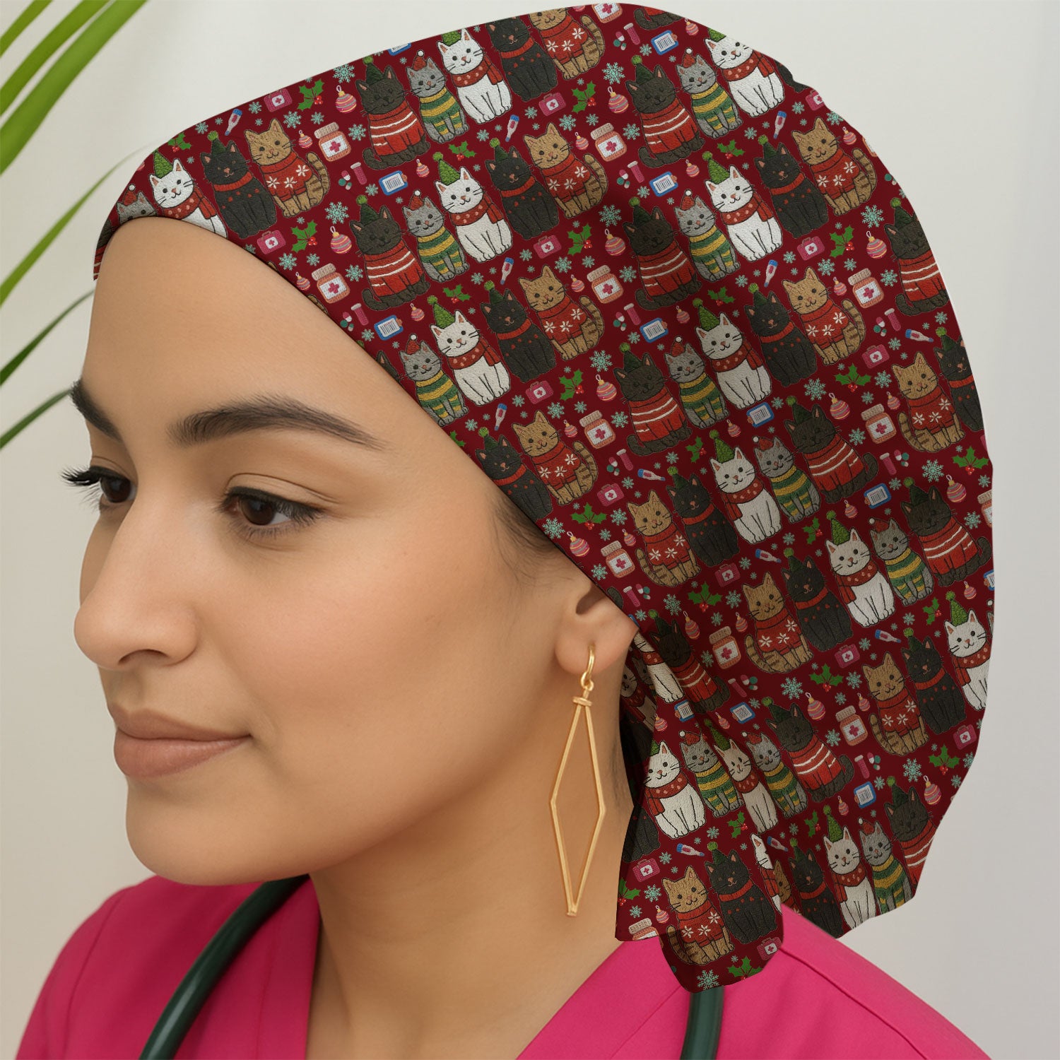 Christmas Cat Bouffant Scrub Cap For Women, Festive Hat for Nurses, Cute Cat Lover Gift For Her
