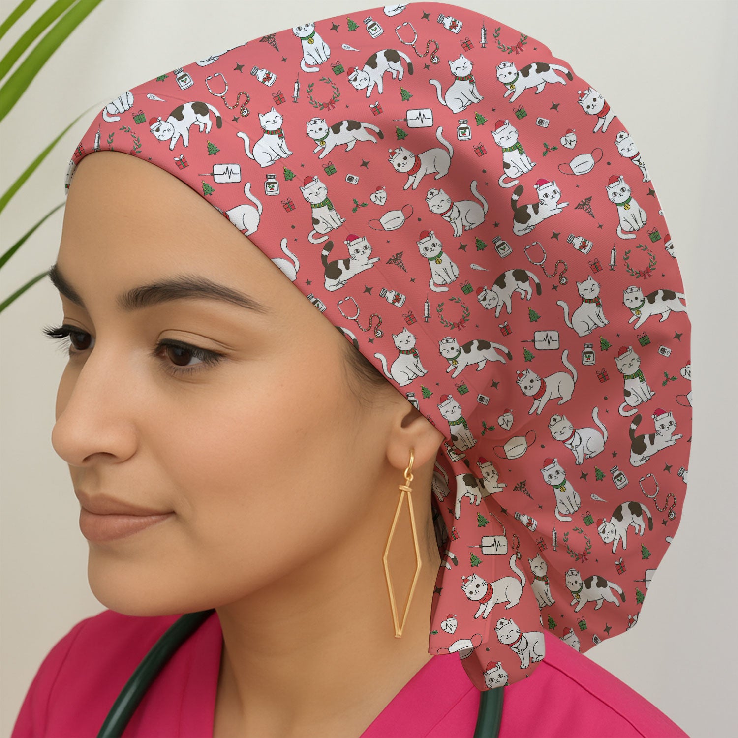 Christmas Cat Scrub Cap – Festive Nurse & Holiday Kitty Pattern – Cute Medical Uniform for Nurses, Vets and Healthcare Workers
