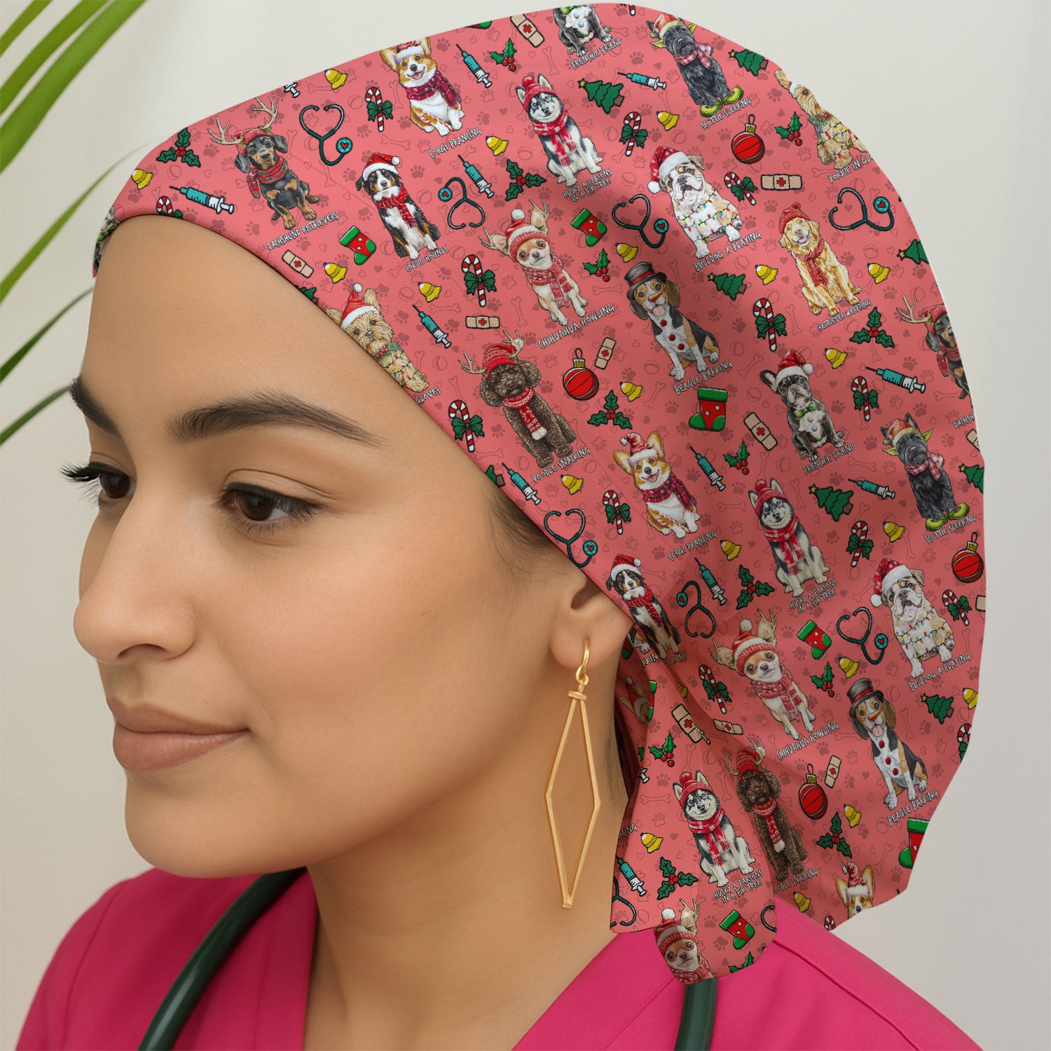 Cute Christmas Dog Bouffant Scrub Caps for Women - Corgi, Dachshund, Husky, Poodle & Labrador Surgical Caps for Doctors - Breathable Fabrics Caps Uniform