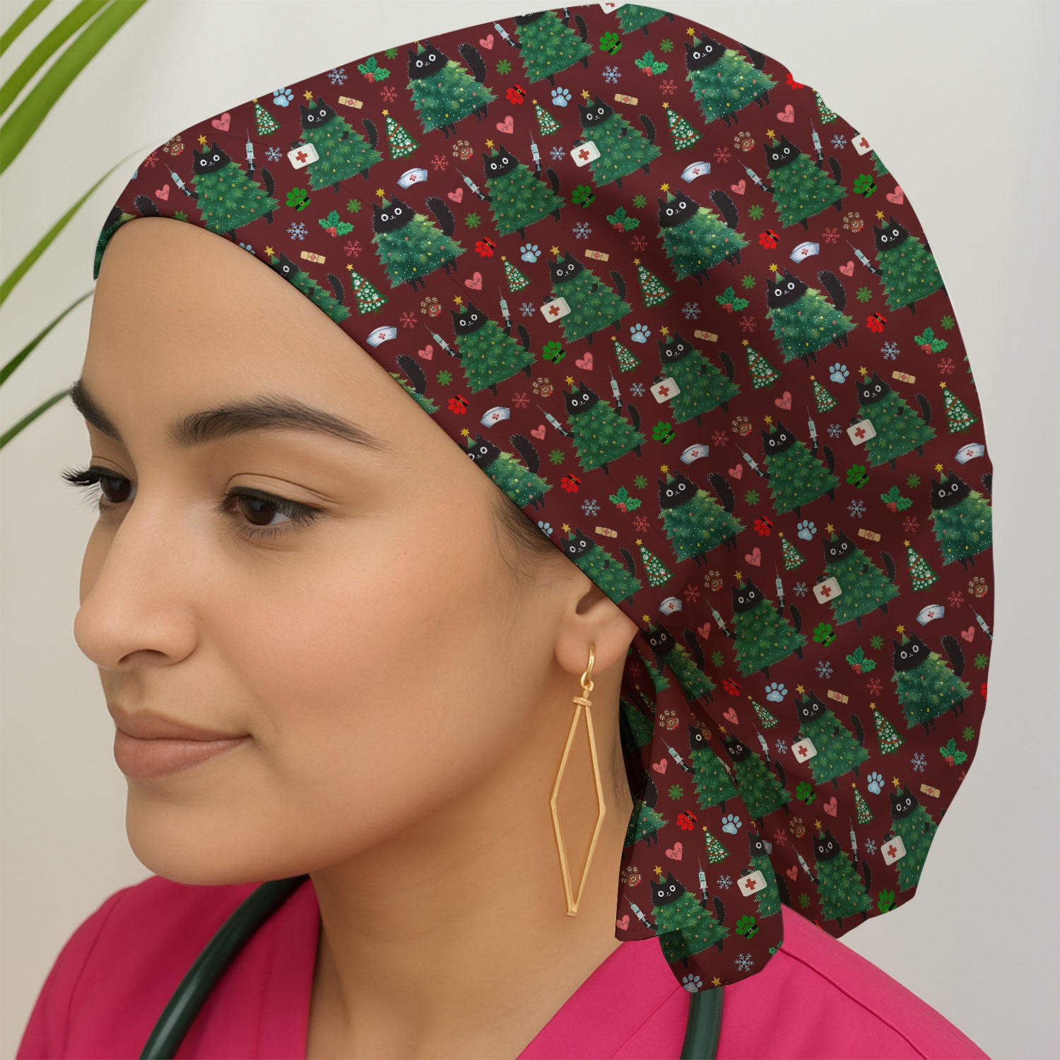 Christmas Nurse Scrub Cap, Xmas Black Cat Pattern Nurse Hat,  Breathable Fabrics Nursing Uniform