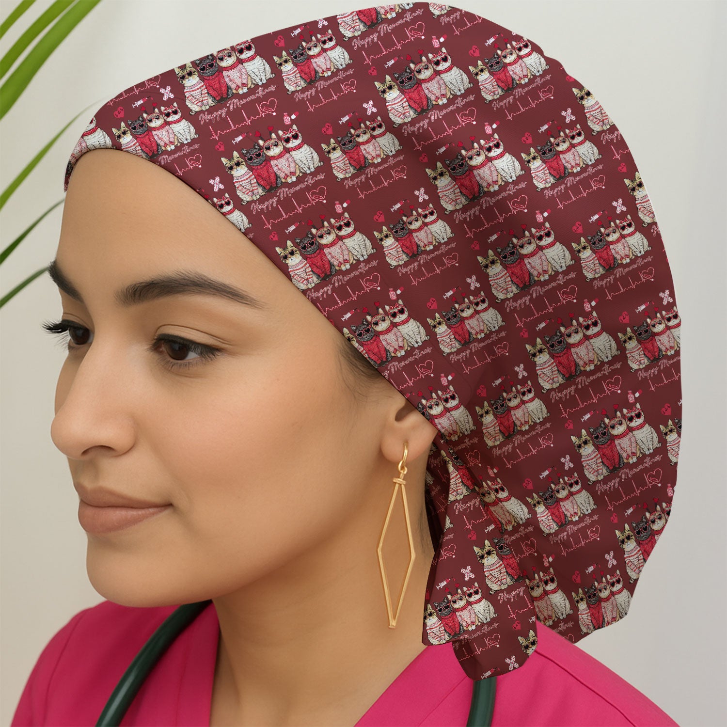 Happy Meowtines Cat Pattern Scrub Cap, Valentine Cat Lover Nurse Scrub Hat, Heartbeat Medical Pattern Nursing Uniform