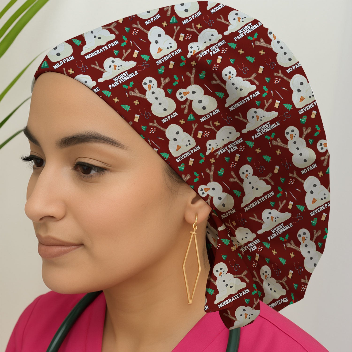 Funny Snowman Pain Scale Bouffant Scrub Caps for Women - Christmas Holiday Nursing Gift