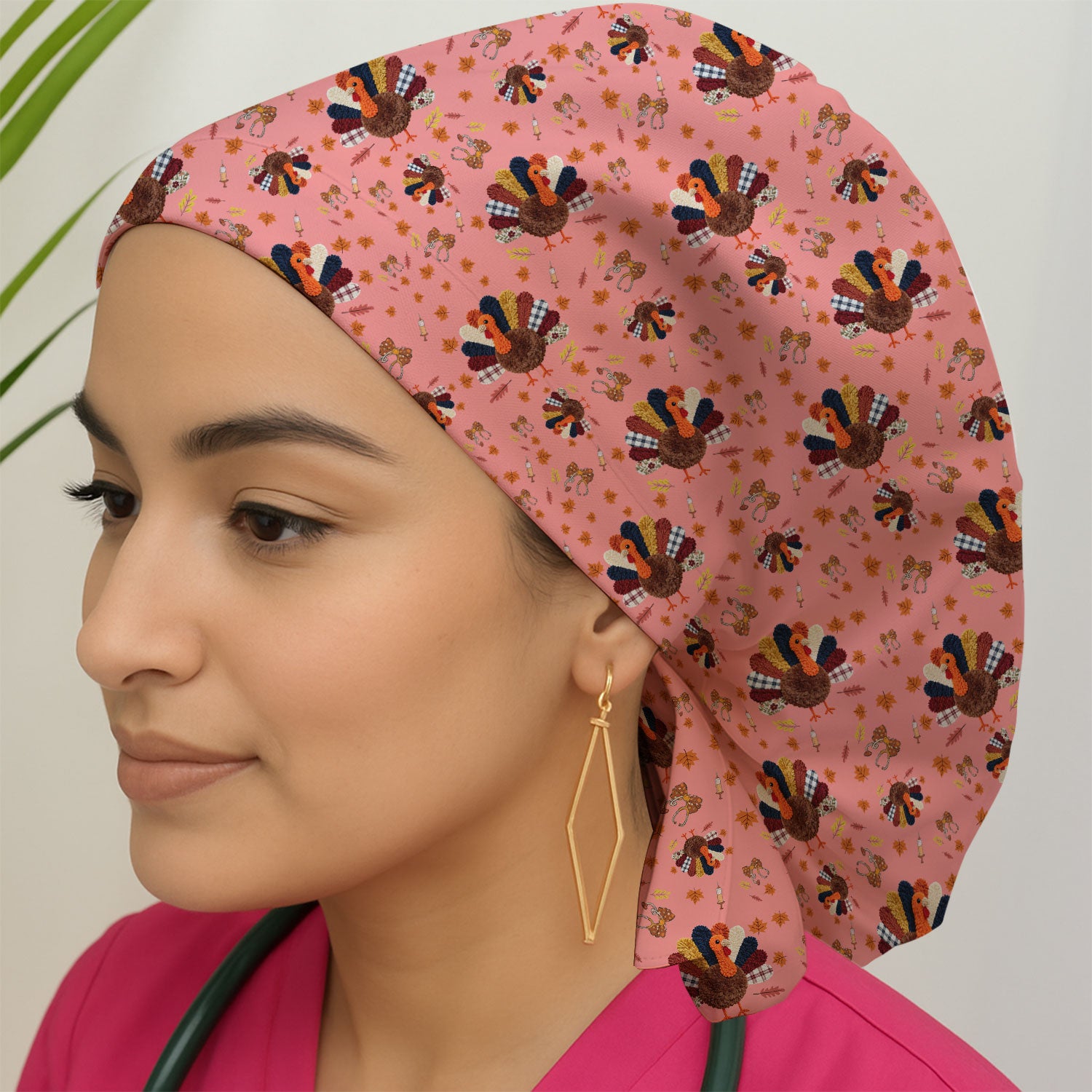 Thanksgiving Bouffant Scrub Caps for Women - Funny Autumn Turkey Surgical Caps for Doctors - Breathable Fabrics Caps Uniform