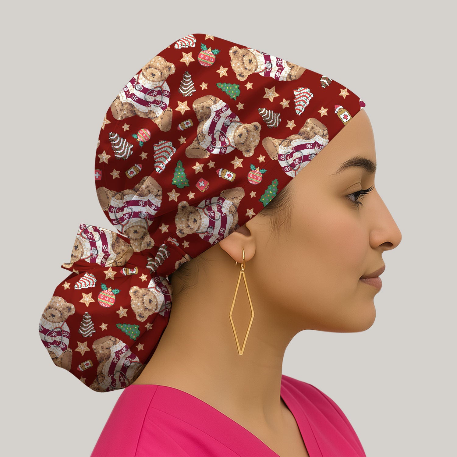 Teddy Bear Christmas Bouffant Scrub Caps for Women - Festive Holiday Nursing Gift - Breathable Fabrics Caps Uniform