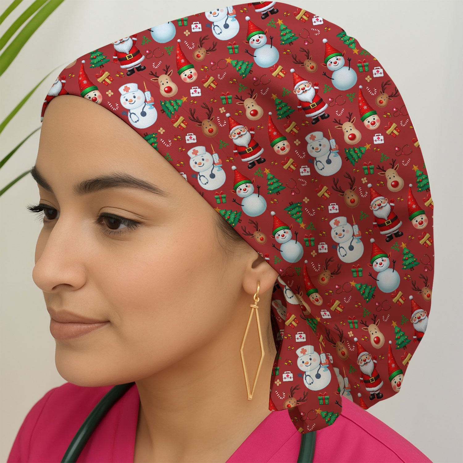 Christmas Bouffant Scrub Caps for Women - Cute Snowman Reindeer Santa Surgical Caps for Doctors - Breathable Fabrics Caps Uniform