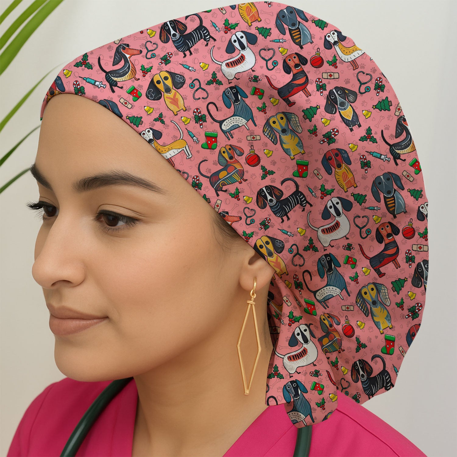 Christmas Wiener Dog Bouffant Scrub Caps for Women - Dachshund Holiday Nursing Gift - Breathable Fabrics Caps Uniform