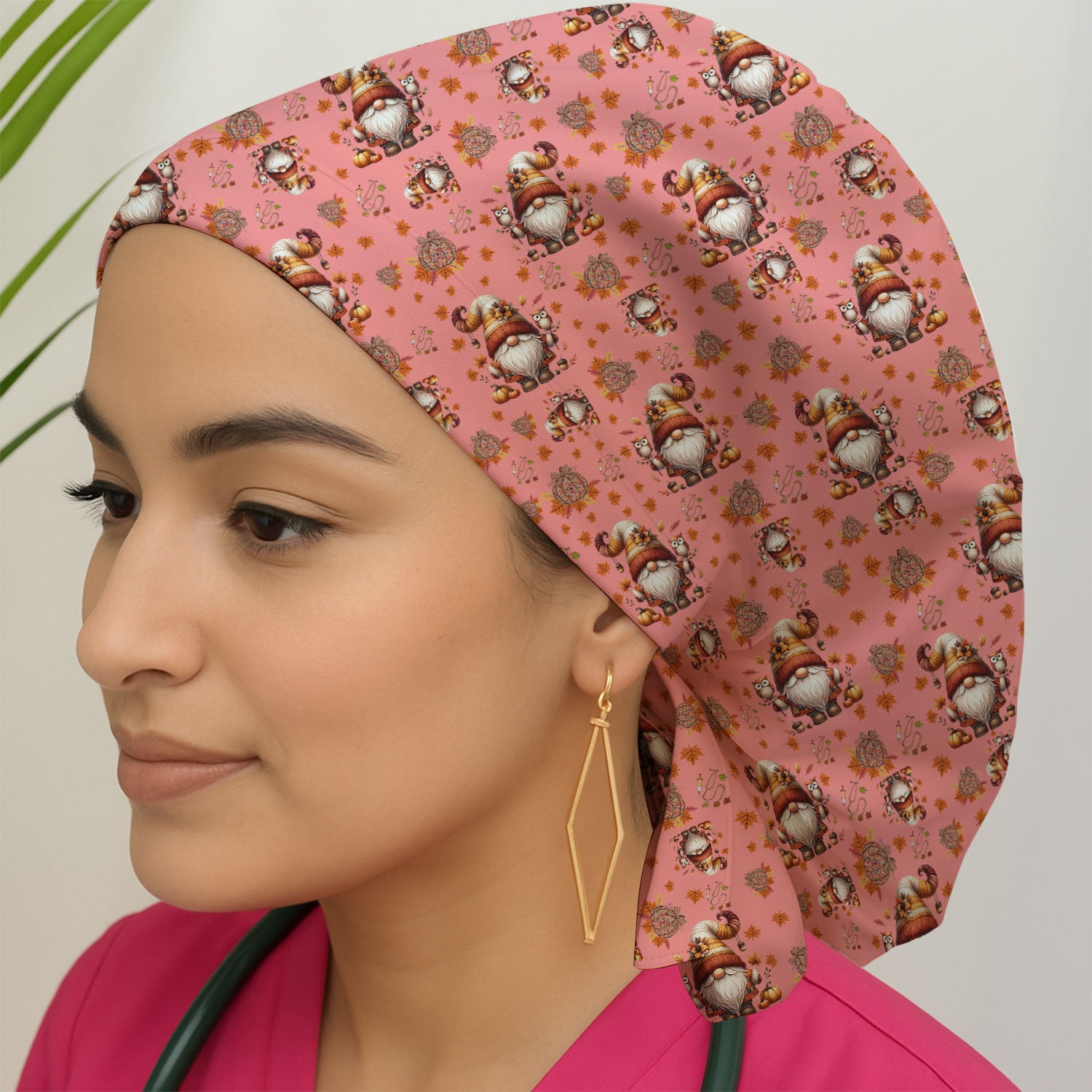 Autumn Leaves Pumpkin Bouffant Scrub Caps for Women - Thanksgiving Surgical Caps for Doctors - Gnome Lover Gift for Her