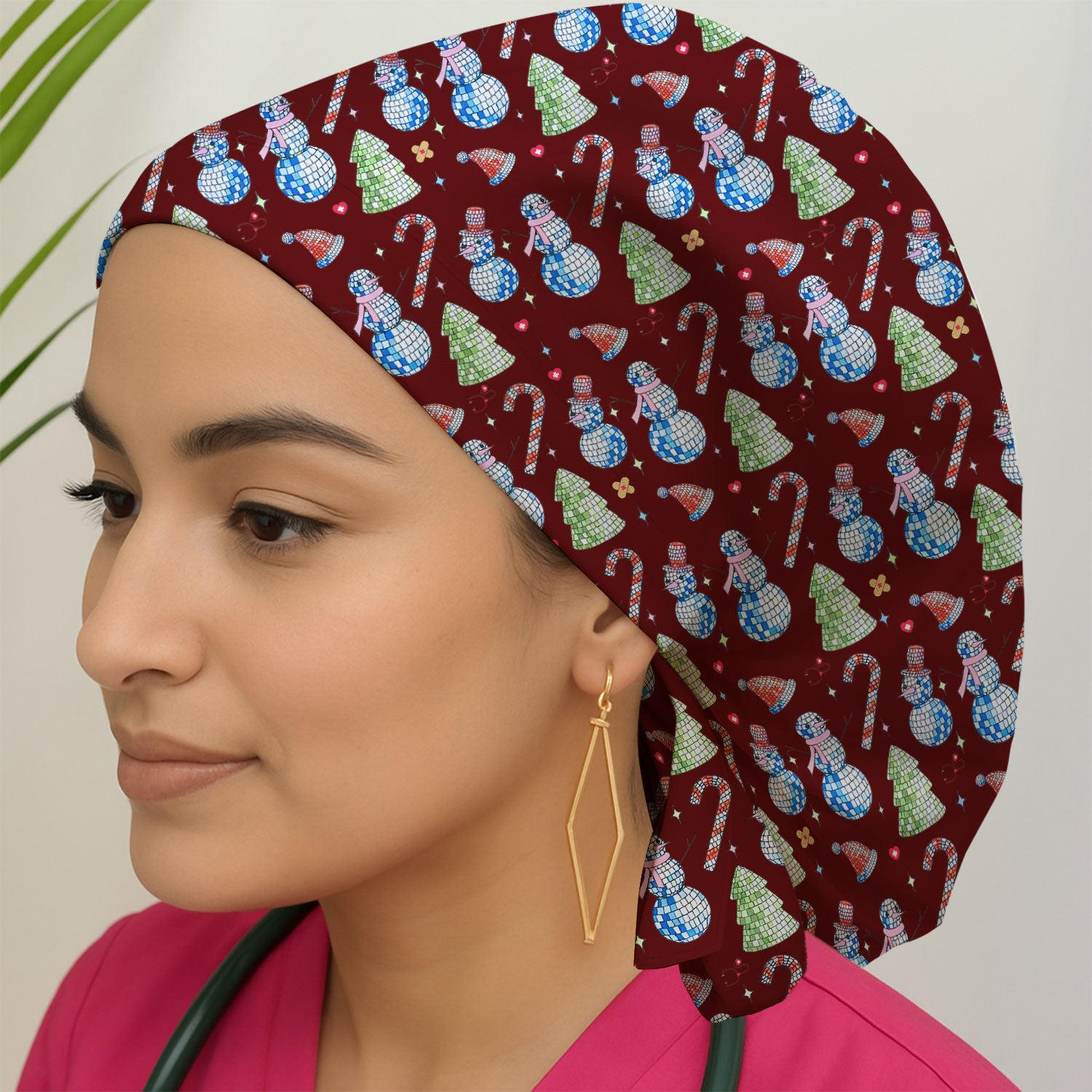 Funny Christmas Snowman Bouffant Scrub Caps for Women - Surgical Caps for Doctors - Breathable Fabrics Caps Uniform - Xmas Gift for RN LPN CNA